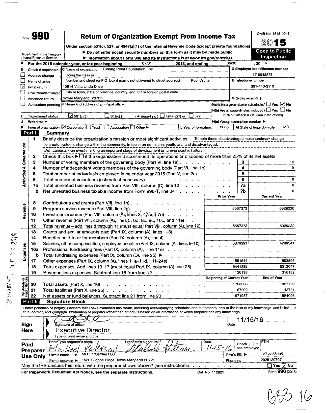 Image of first page of 2015 Form 990 for Turning Point Foundation