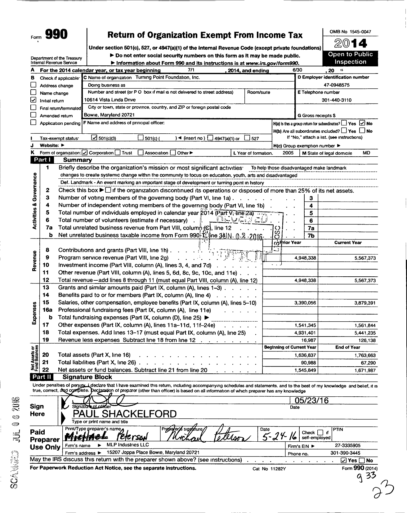 Image of first page of 2014 Form 990 for Turning Point Foundation