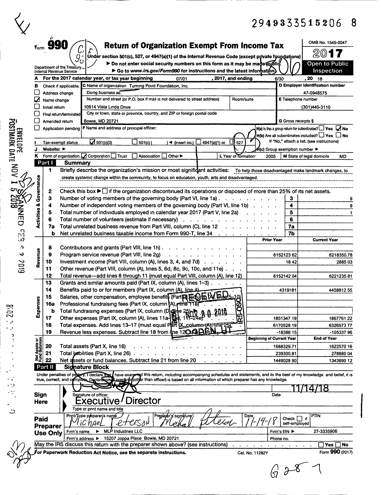 Image of first page of 2017 Form 990 for Turning Point Foundation