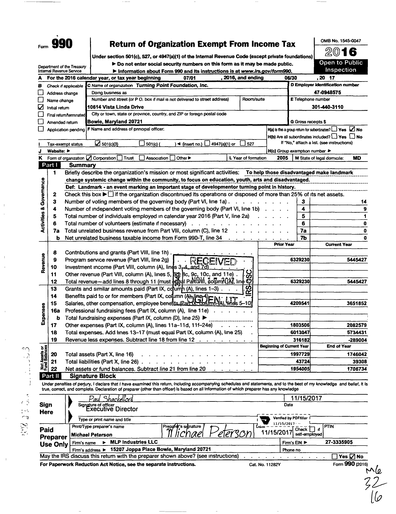 Image of first page of 2016 Form 990 for Turning Point Foundation