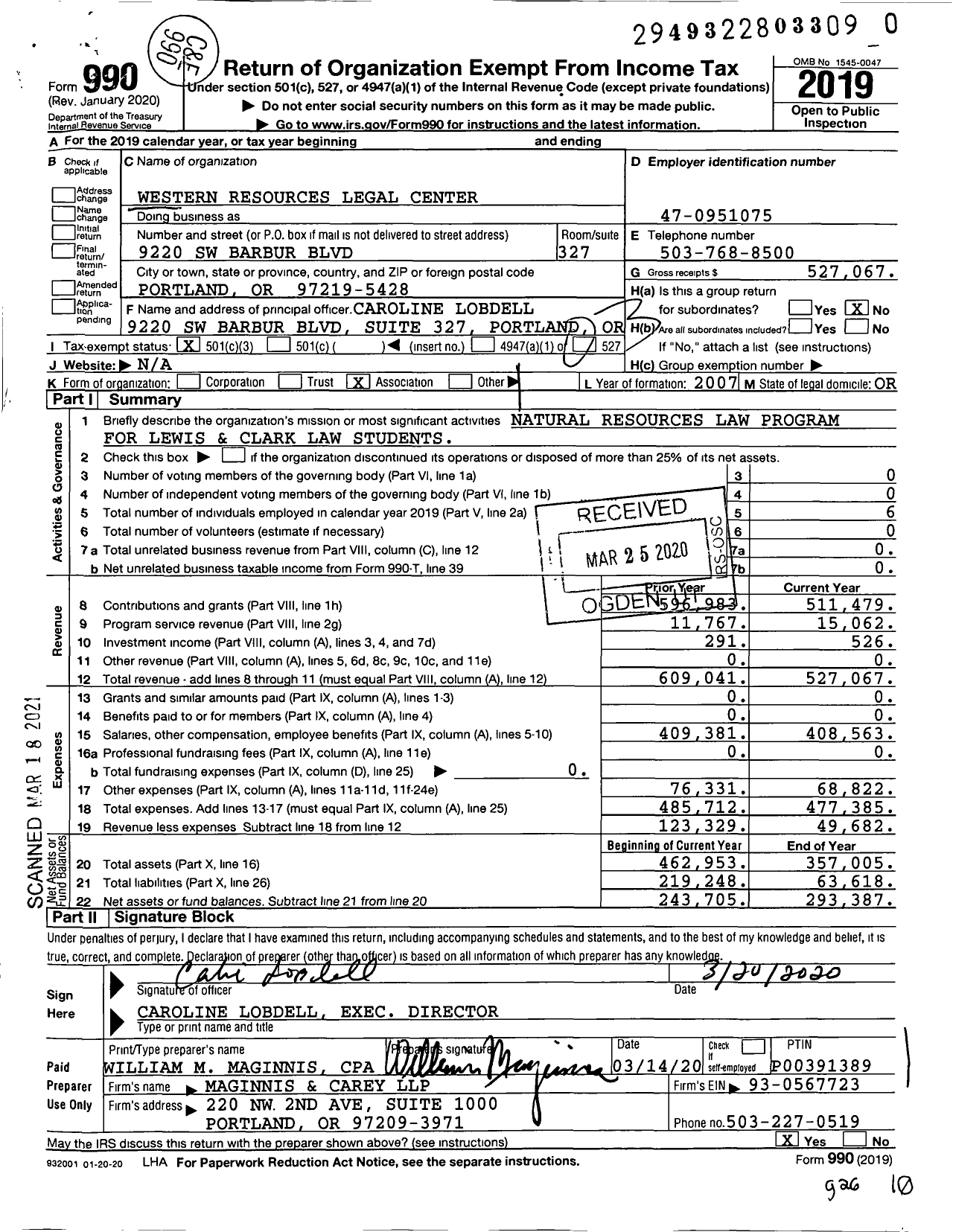 Image of first page of 2019 Form 990 for Western Resources Legal Center