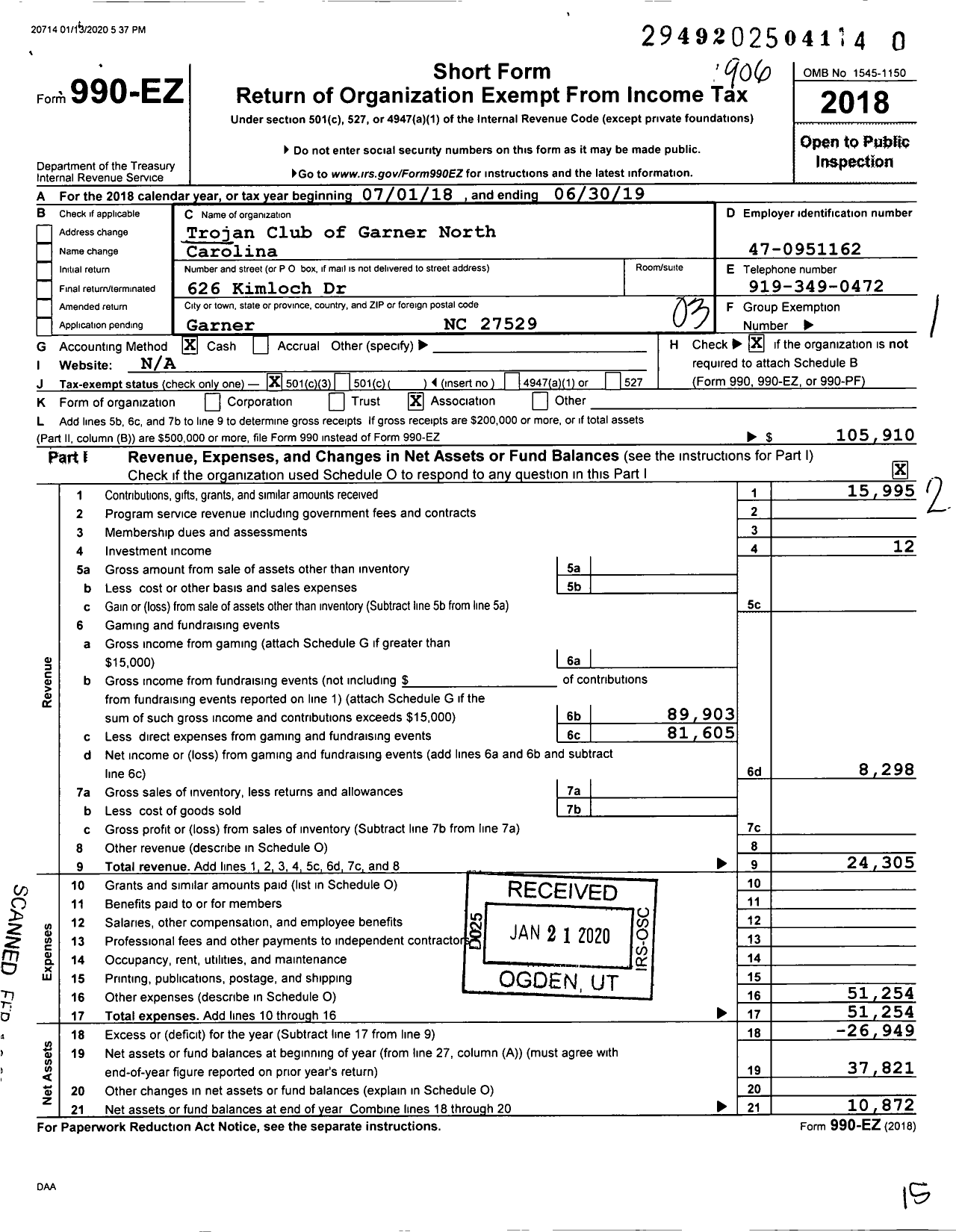 Image of first page of 2018 Form 990EZ for Trojan Club of Garner North Carolina