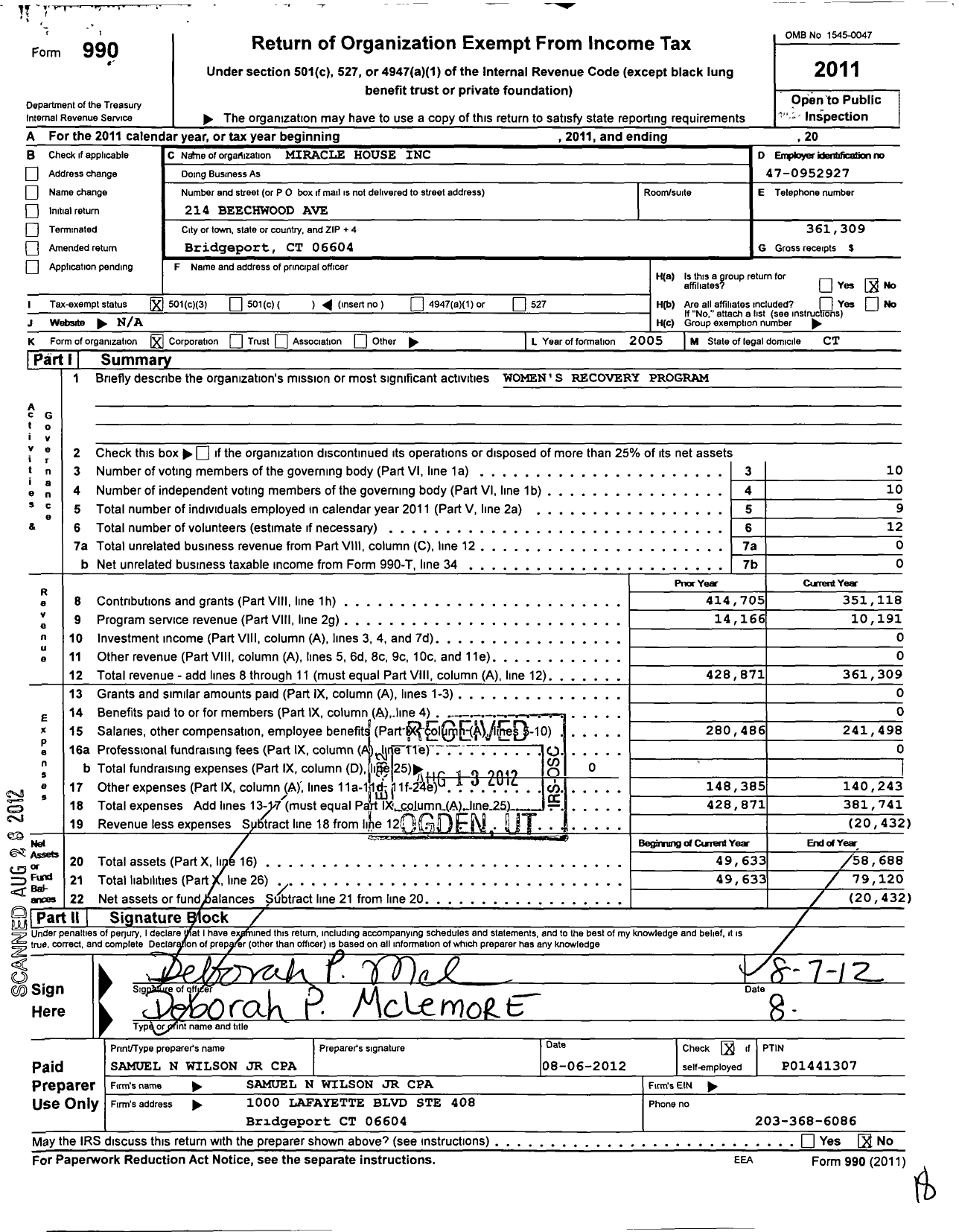 Image of first page of 2011 Form 990 for Miracle House