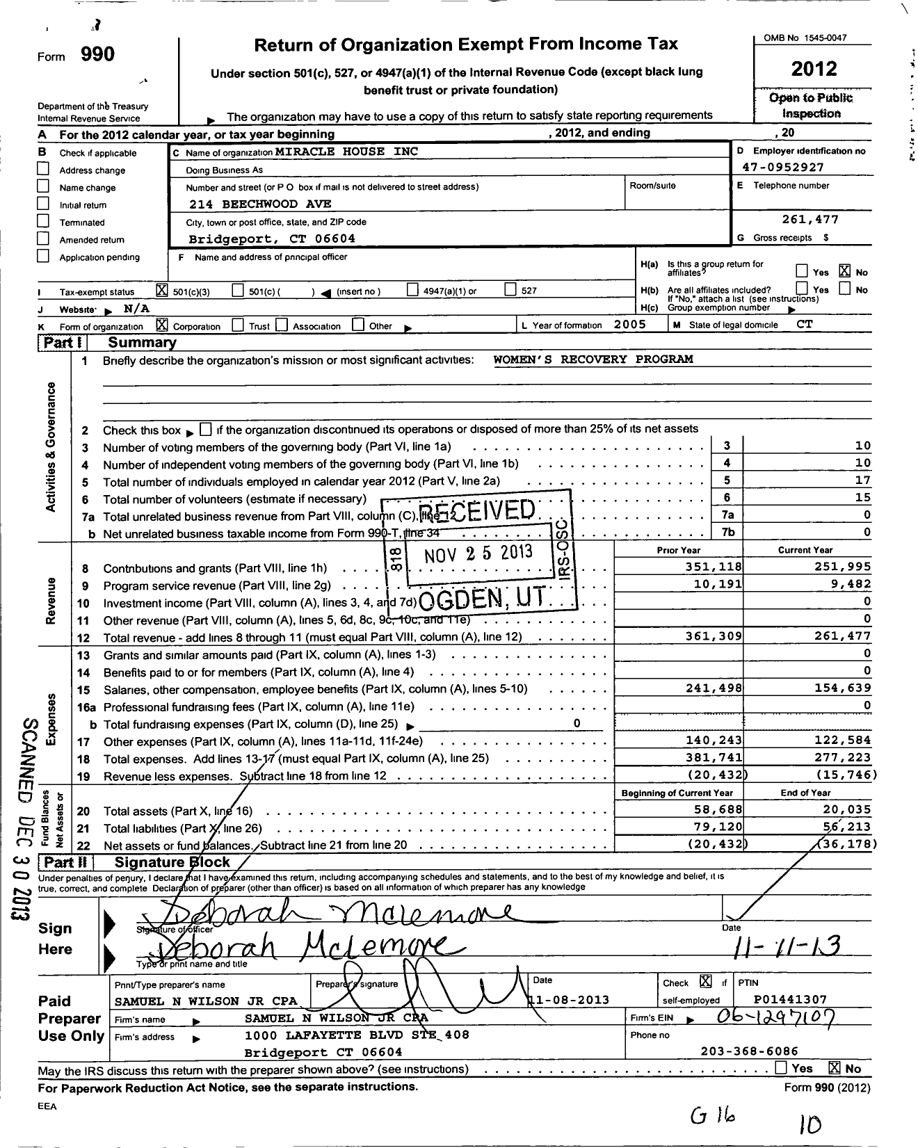 Image of first page of 2012 Form 990 for Miracle House