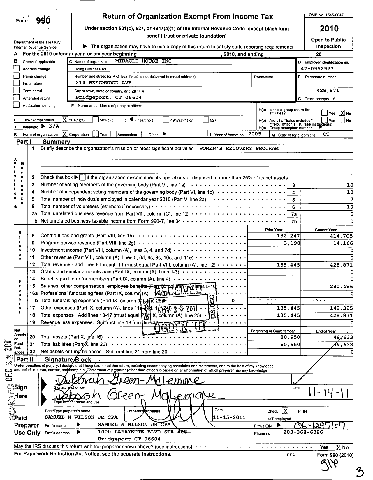 Image of first page of 2010 Form 990 for Miracle House