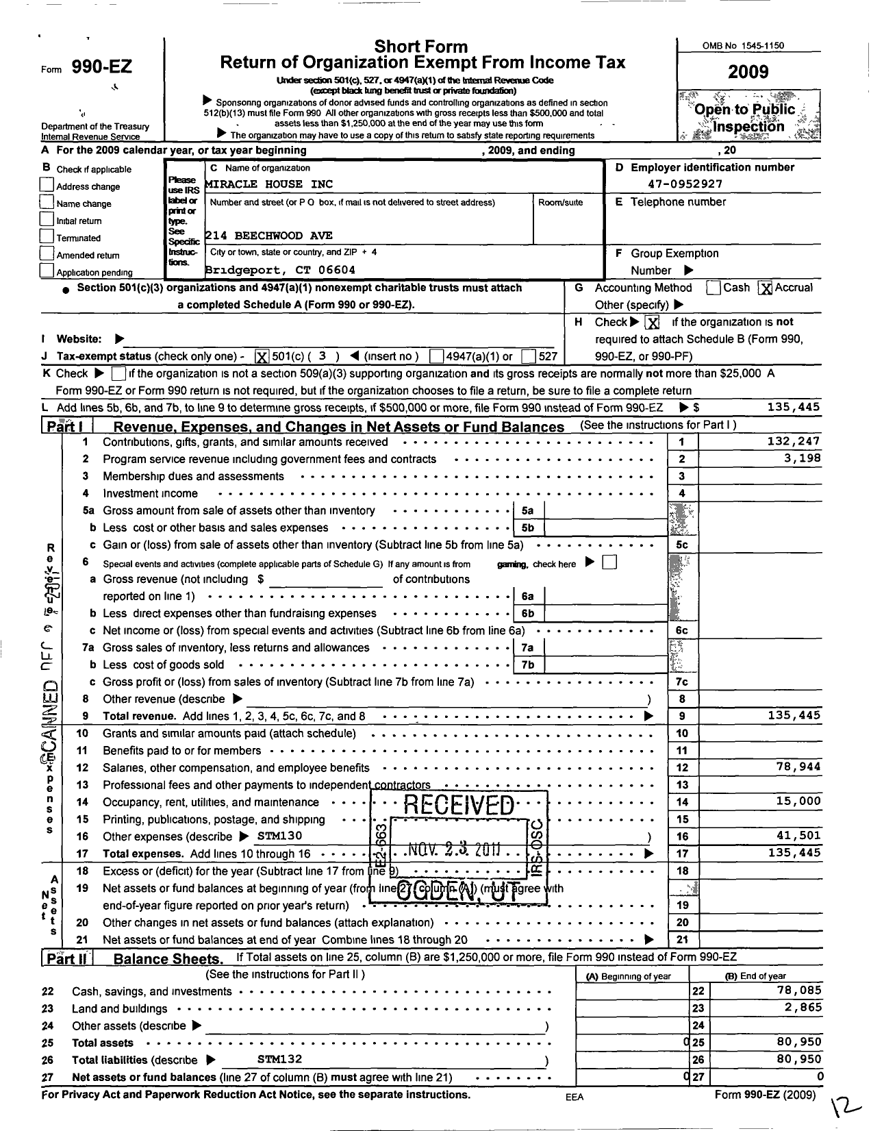 Image of first page of 2009 Form 990EZ for Miracle House