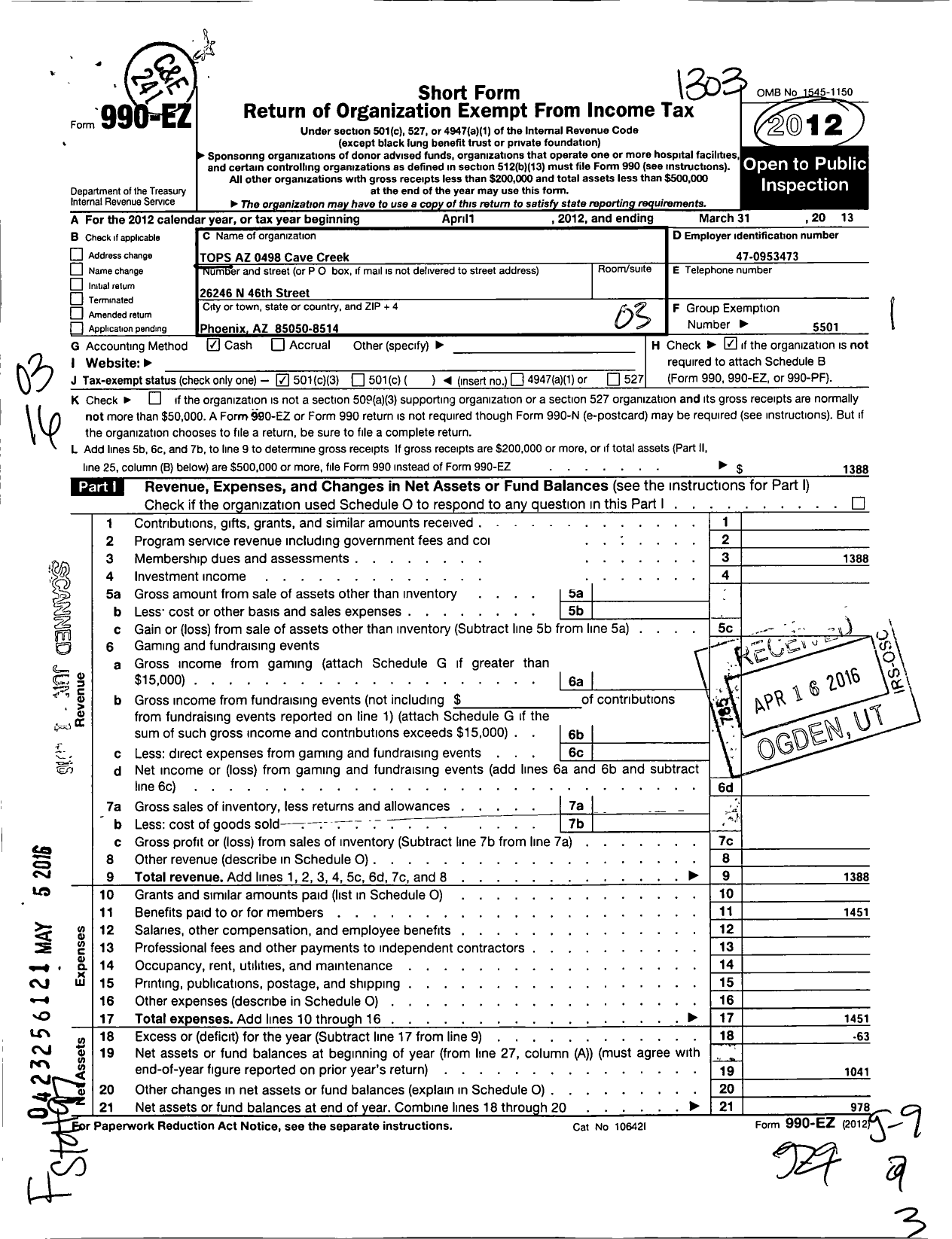 Image of first page of 2012 Form 990EZ for Tops Az 498 Cave Creek