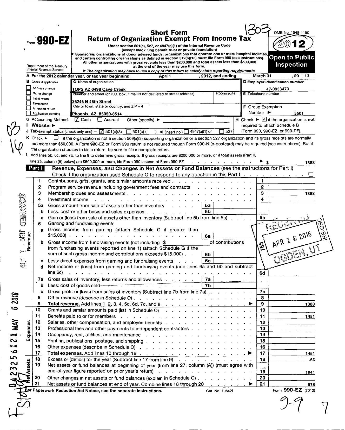 Image of first page of 2012 Form 990EZ for Tops Az 498 Cave Creek