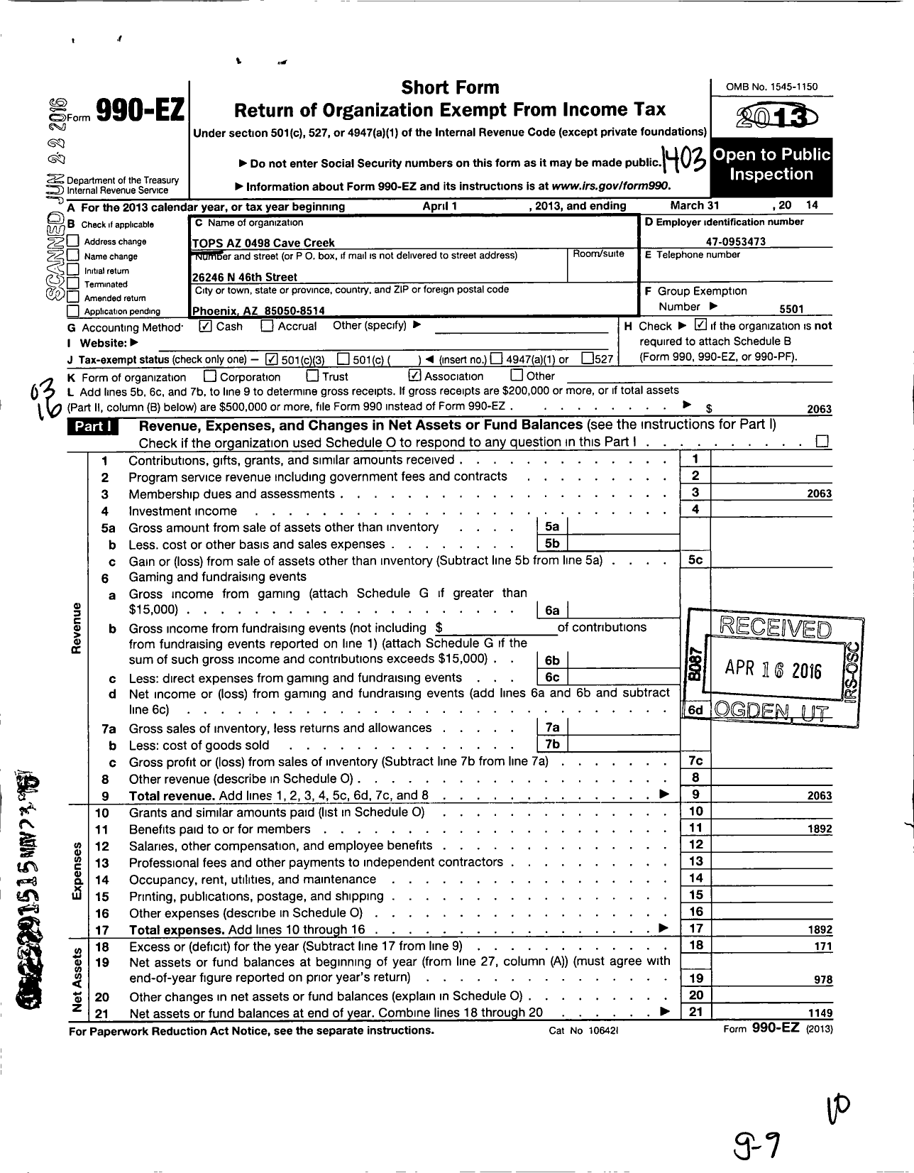 Image of first page of 2013 Form 990EZ for Tops Az 498 Cave Creek