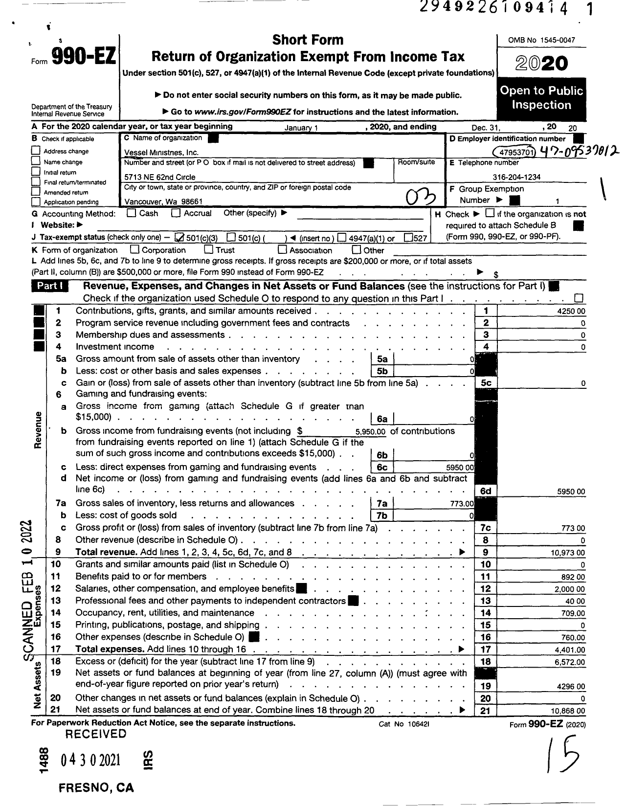 Image of first page of 2020 Form 990EZ for Vessel Ministries