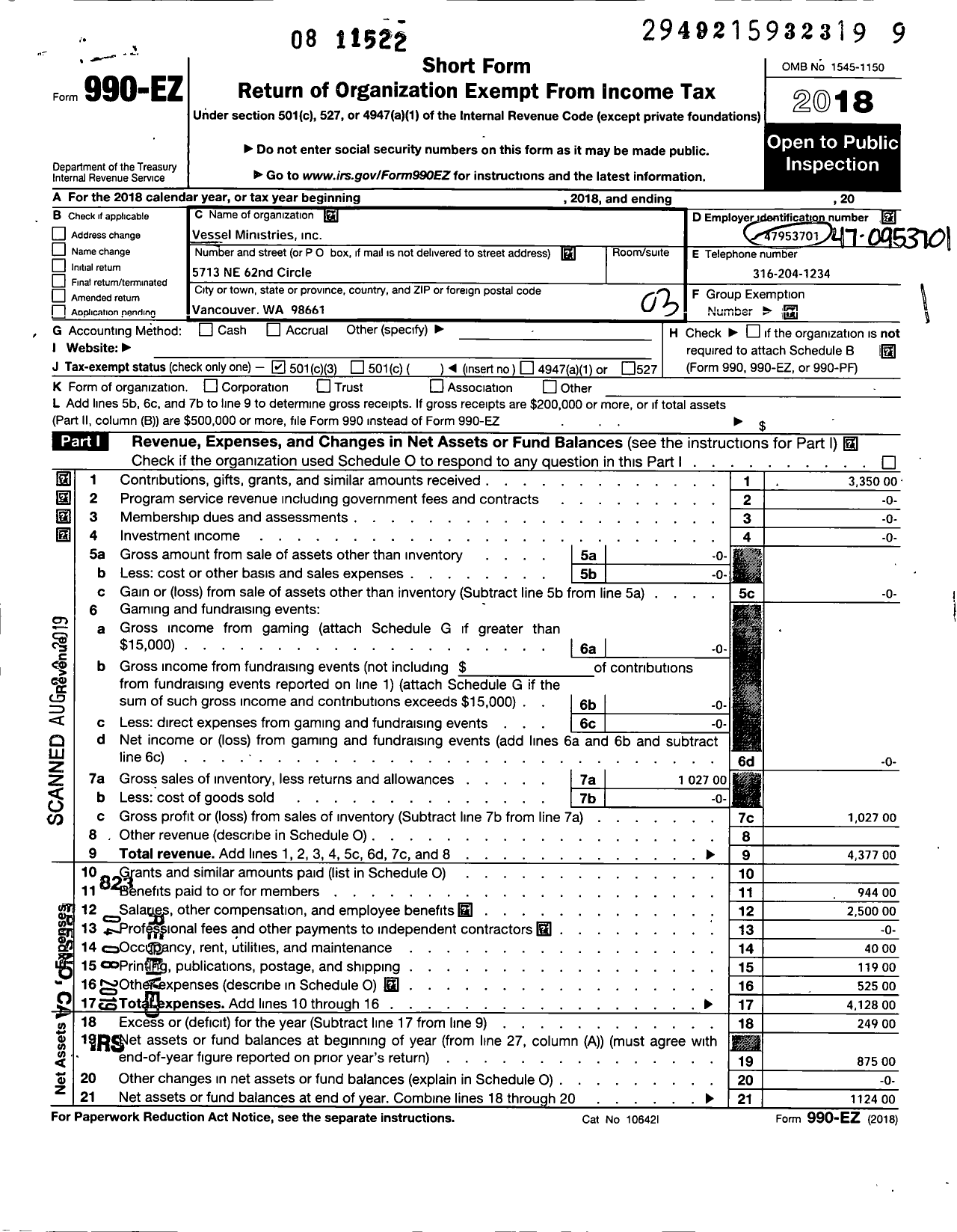 Image of first page of 2018 Form 990EZ for Vessel Ministries