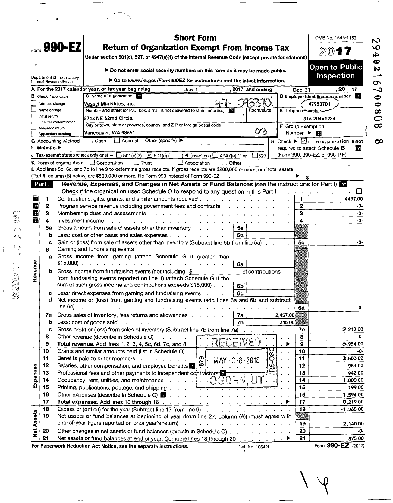 Image of first page of 2017 Form 990EZ for Vessel Ministries