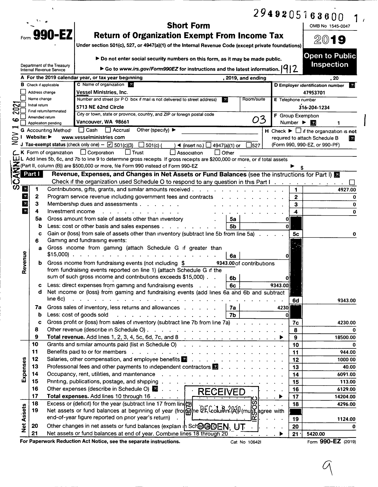 Image of first page of 2019 Form 990EZ for Vessel Ministries