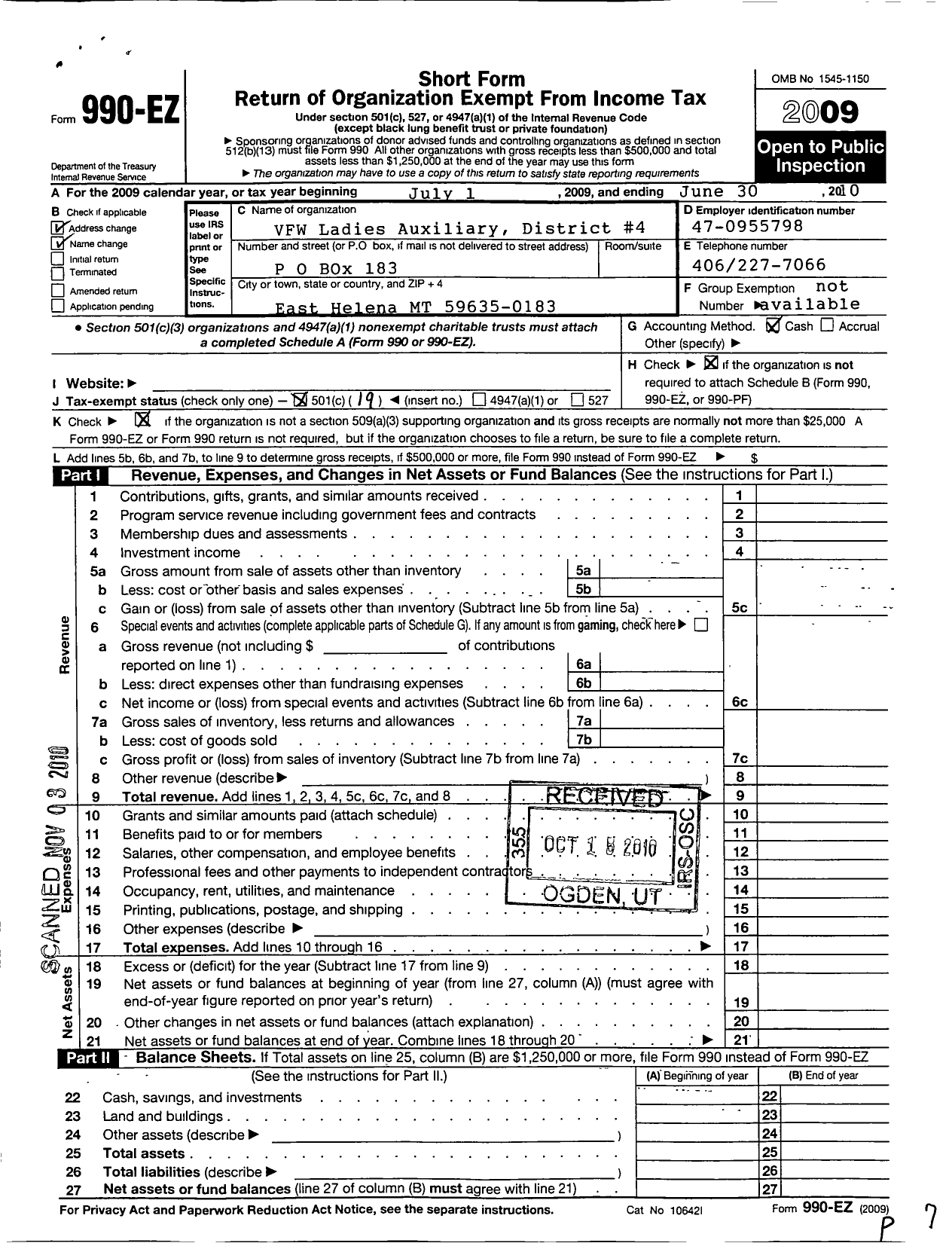 Image of first page of 2009 Form 990EO for Veterans of Foreign Wars of the United States Auxiliary Department / Shirley Pouliot