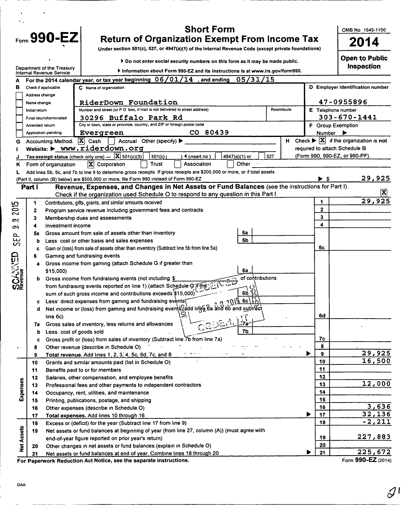 Image of first page of 2014 Form 990EZ for Riderdown Foundation