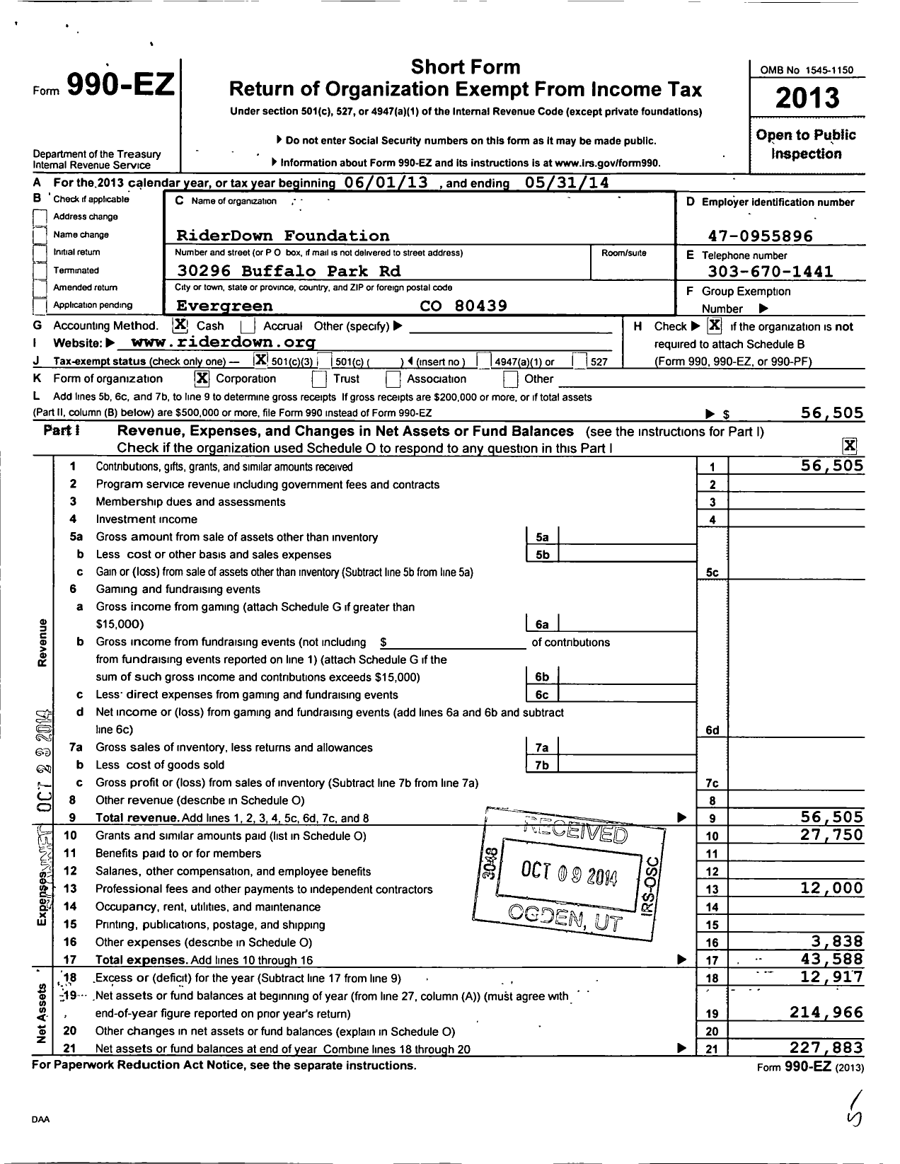 Image of first page of 2013 Form 990EZ for Riderdown Foundation