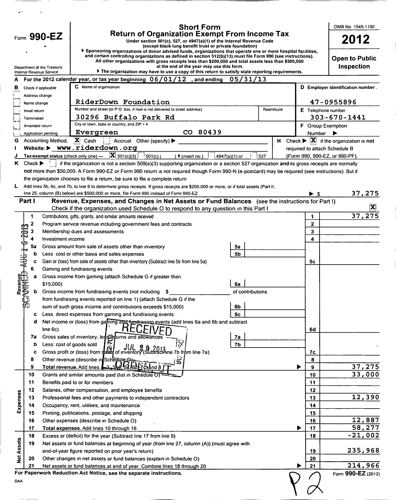 Image of first page of 2012 Form 990EZ for Riderdown Foundation