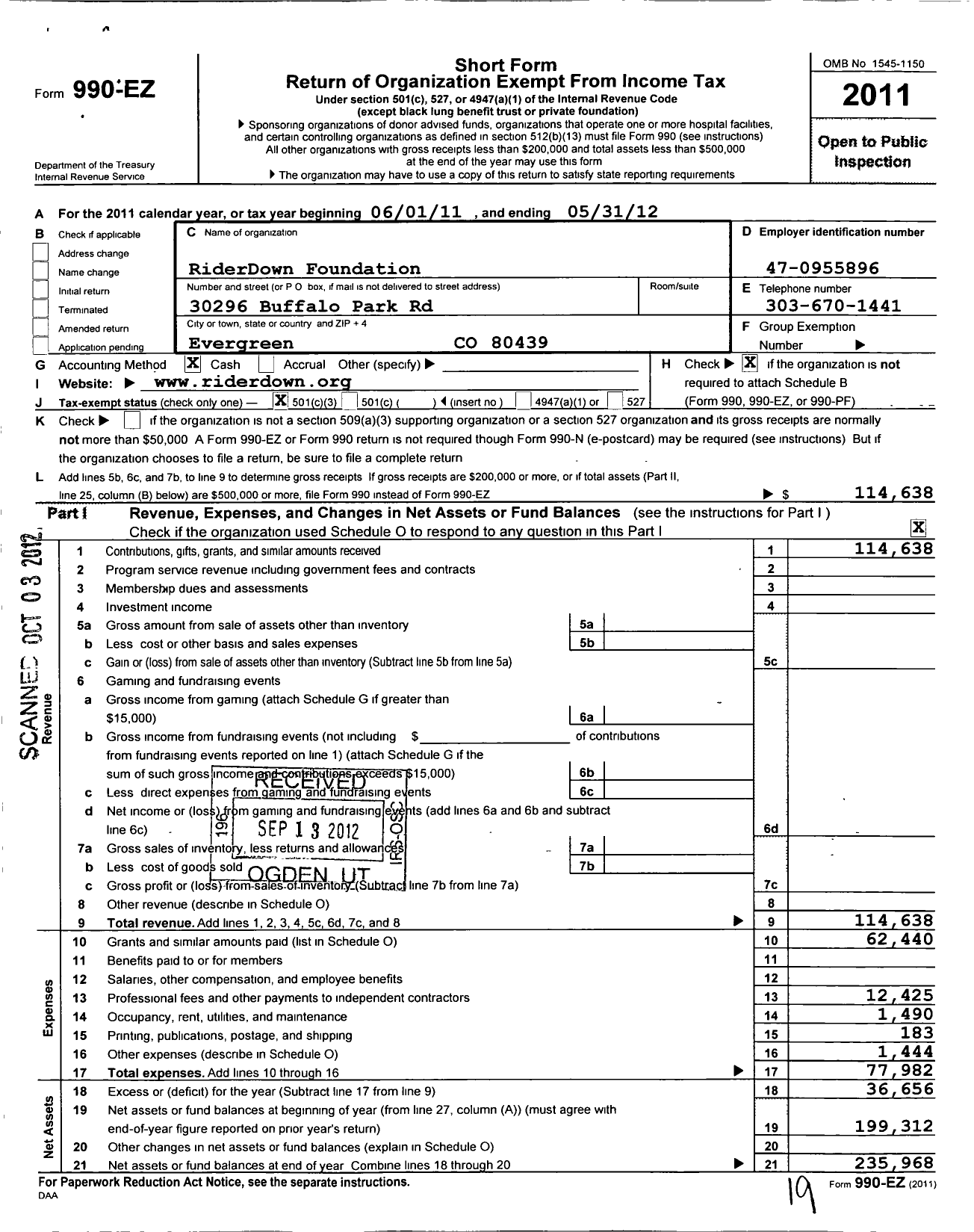 Image of first page of 2011 Form 990EZ for Riderdown Foundation