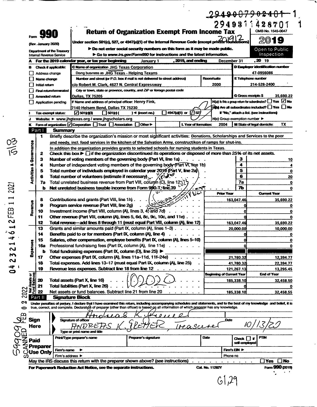 Image of first page of 2019 Form 990 for JHG Texas Corporation