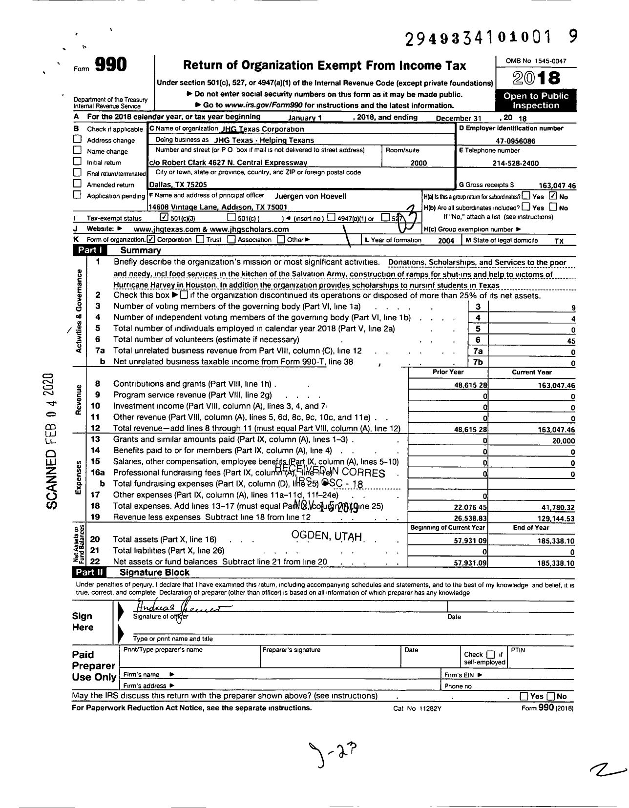Image of first page of 2018 Form 990 for JHG Texas Corporation