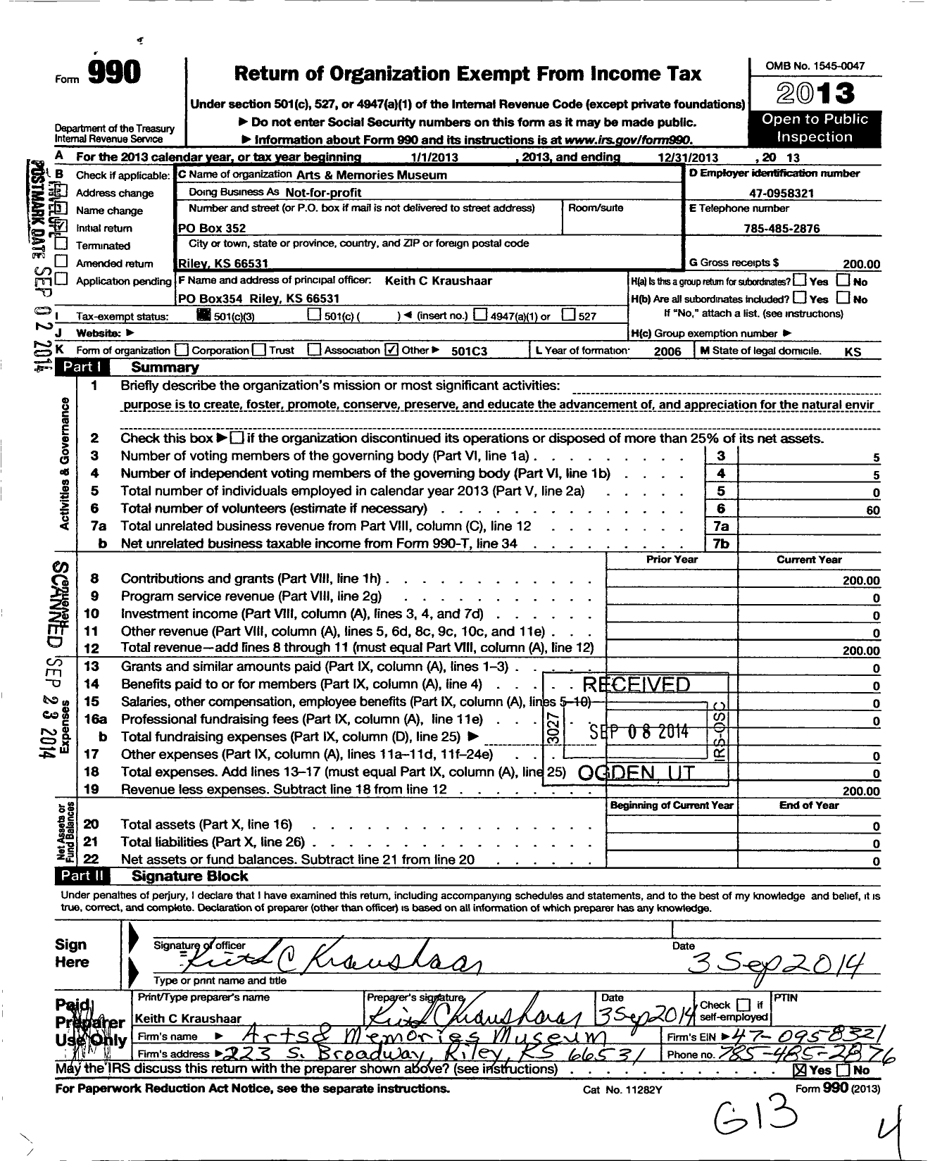 Image of first page of 2013 Form 990 for Arts and Memories Museum