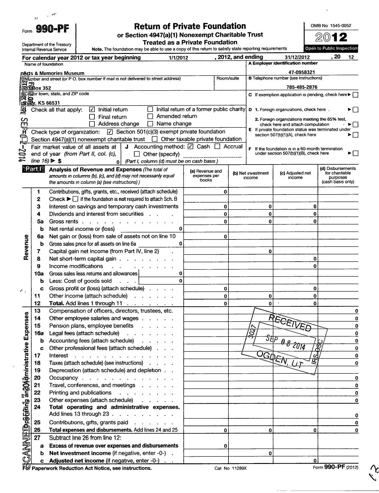 Image of first page of 2012 Form 990PF for Arts and Memories Museum