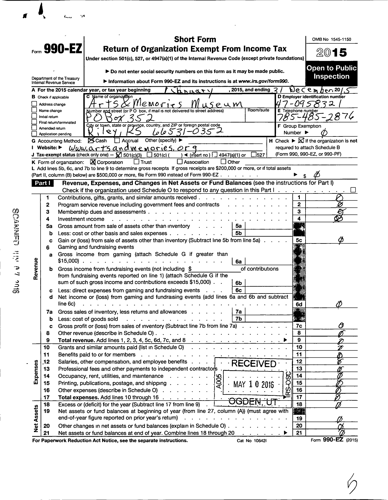 Image of first page of 2015 Form 990EZ for Arts and Memories Museum