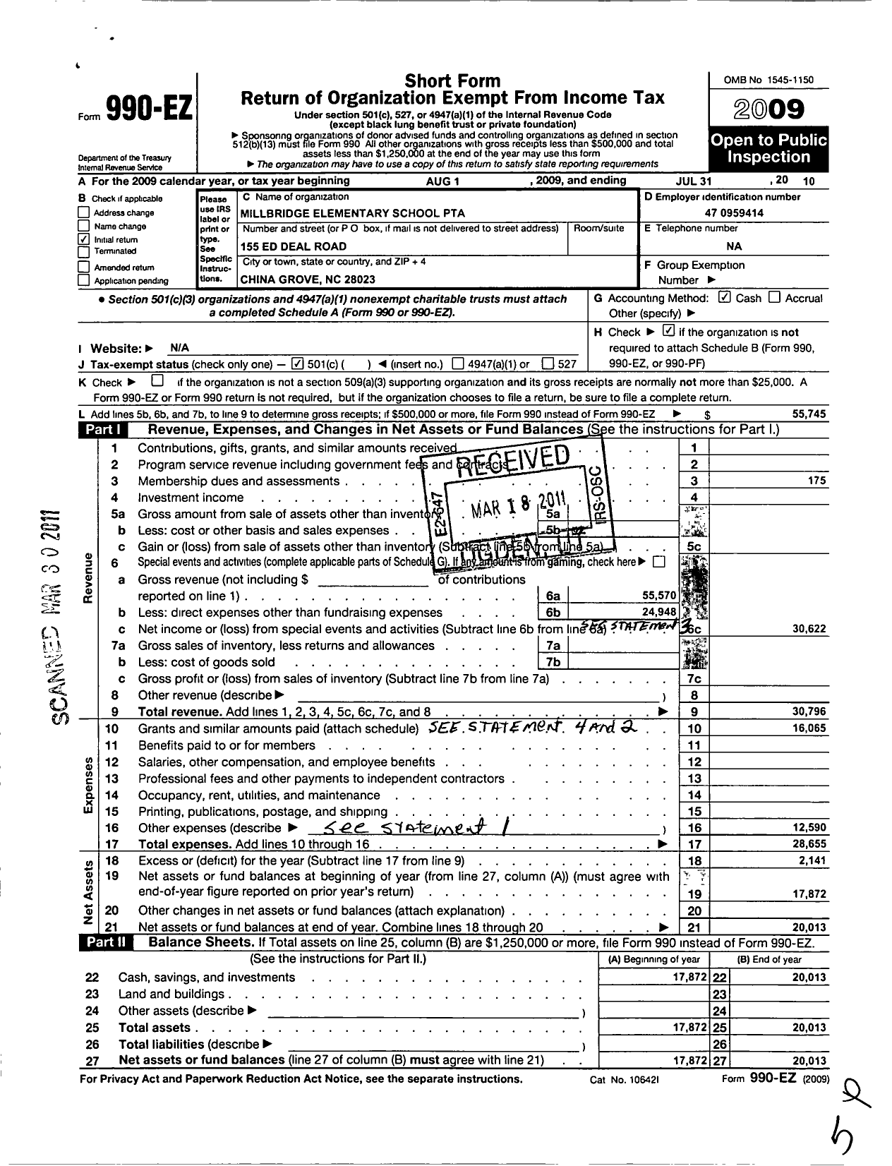 Image of first page of 2009 Form 990EO for NORTH CAROLINA PTA - Millbridge Elementary School PTA