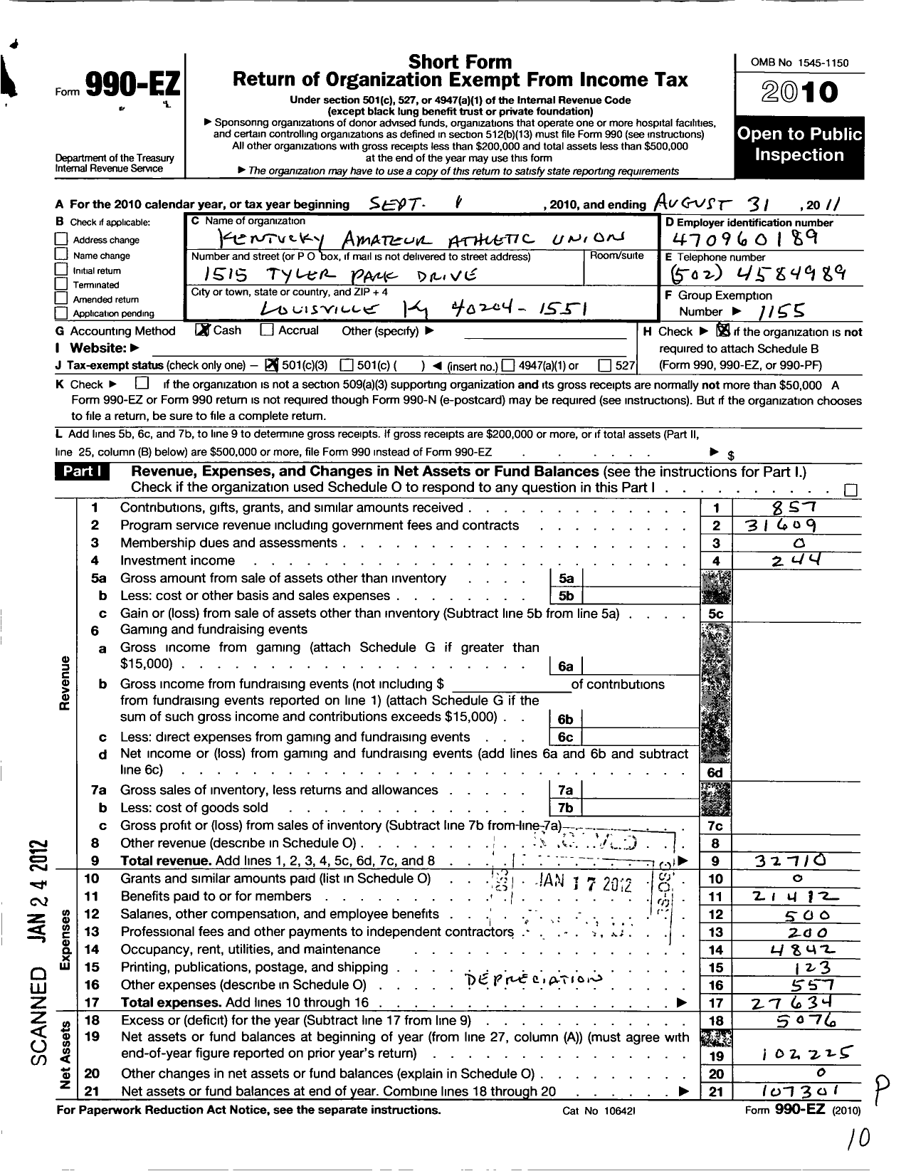 Image of first page of 2010 Form 990EZ for Amateur Athletic Union - Kentucky Aau