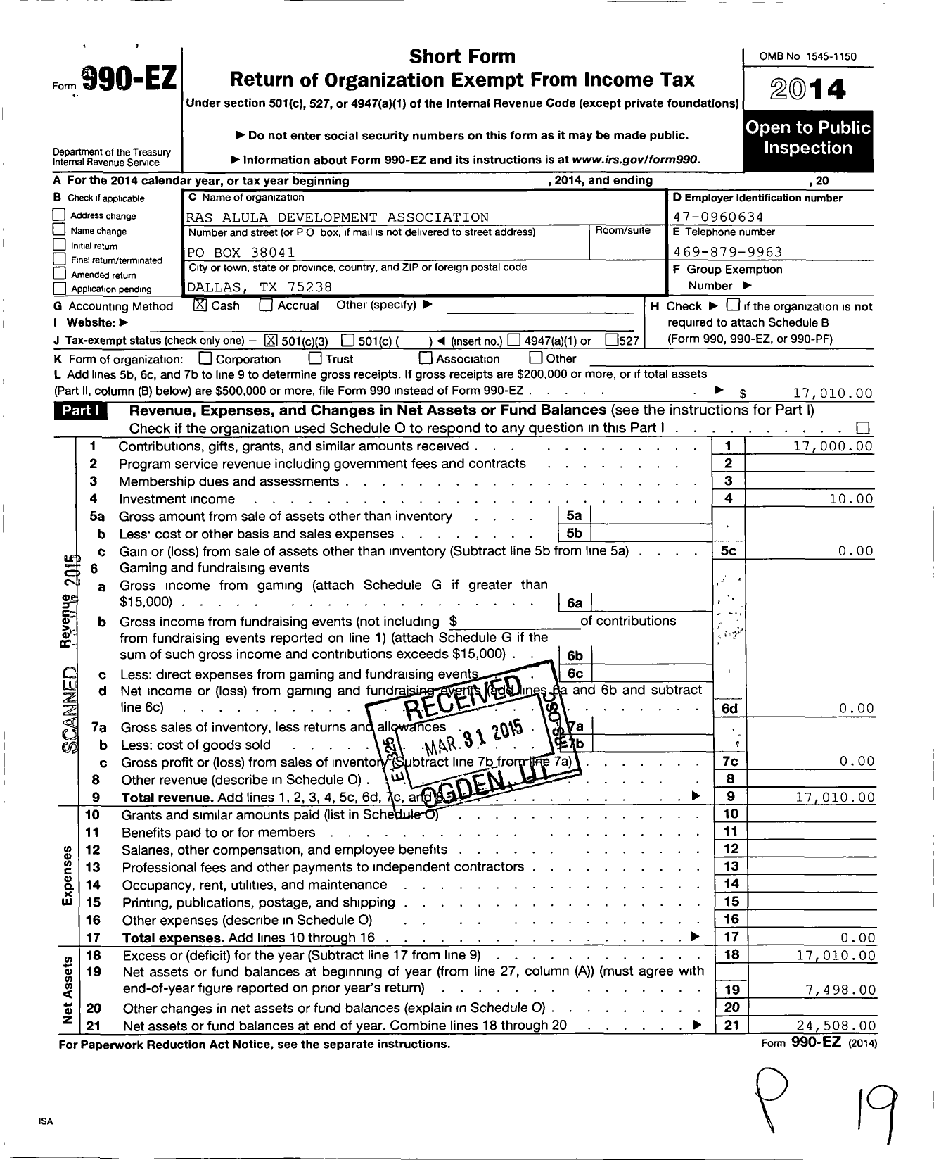 Image of first page of 2014 Form 990EZ for Ras Alula Developmental Association