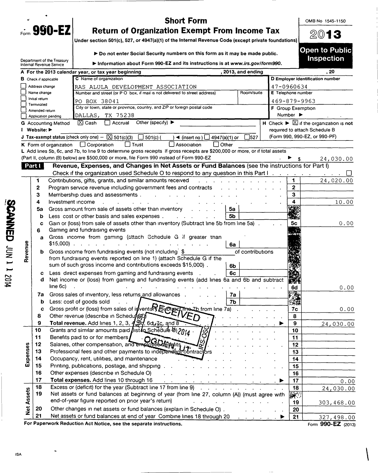 Image of first page of 2013 Form 990EZ for Ras Alula Developmental Association