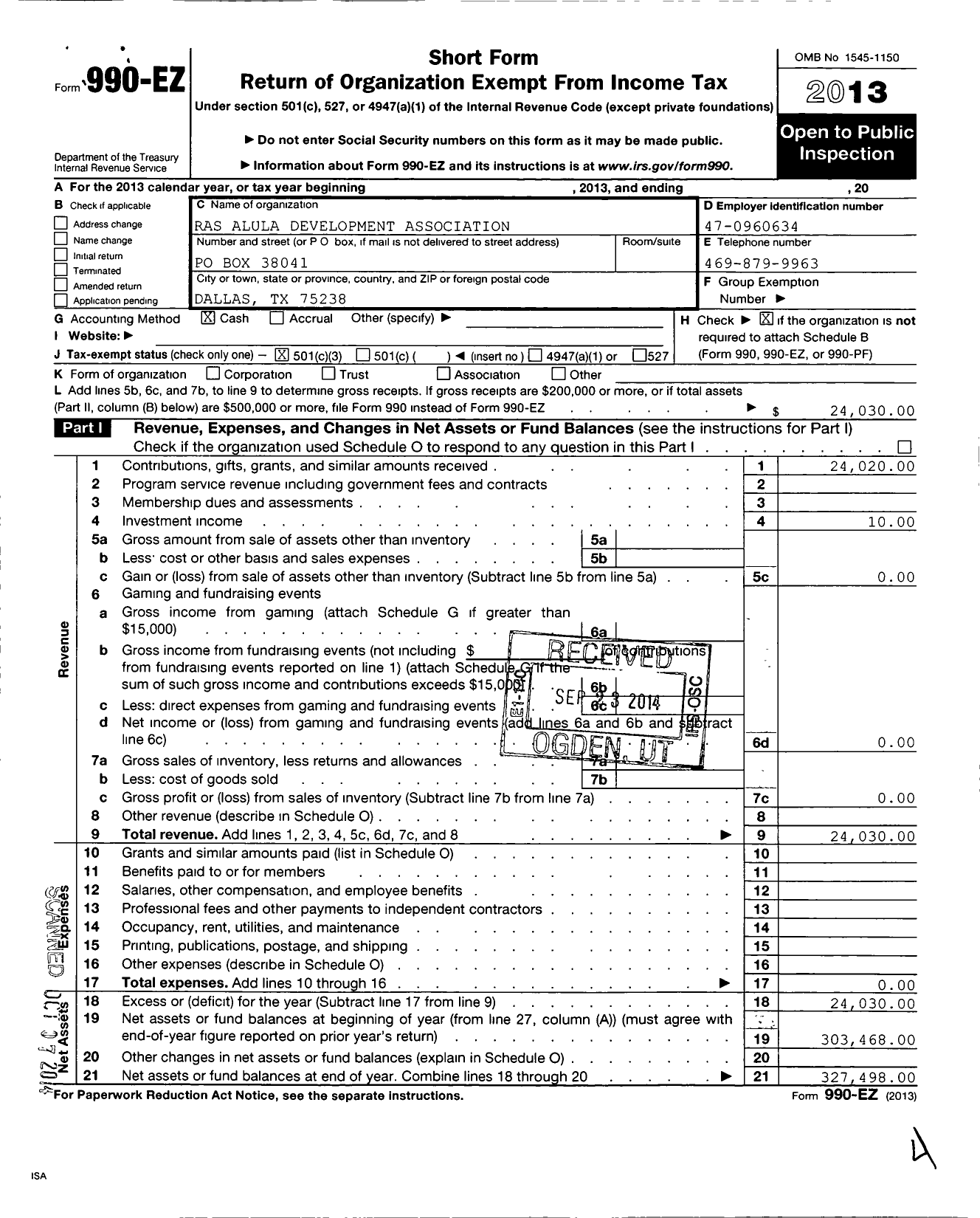 Image of first page of 2013 Form 990EZ for Ras Alula Developmental Association