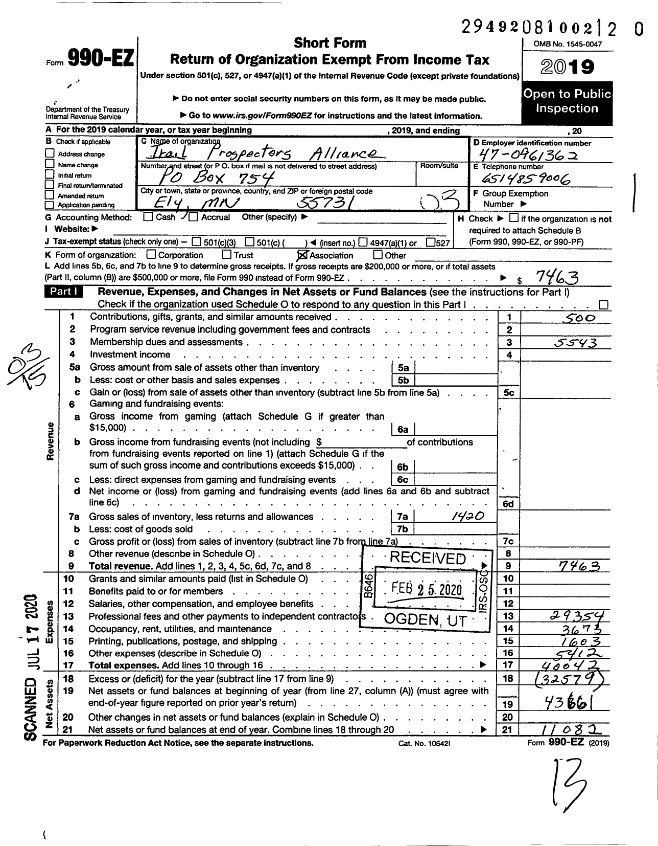 Image of first page of 2019 Form 990EZ for Trail Prospectors Alliance