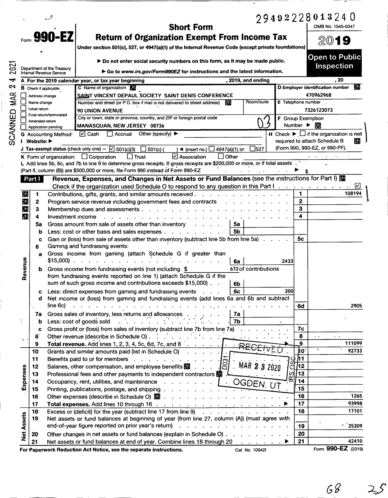 Image of first page of 2019 Form 990EZ for Saint Vincent Depaul Society Saint Denis Conference