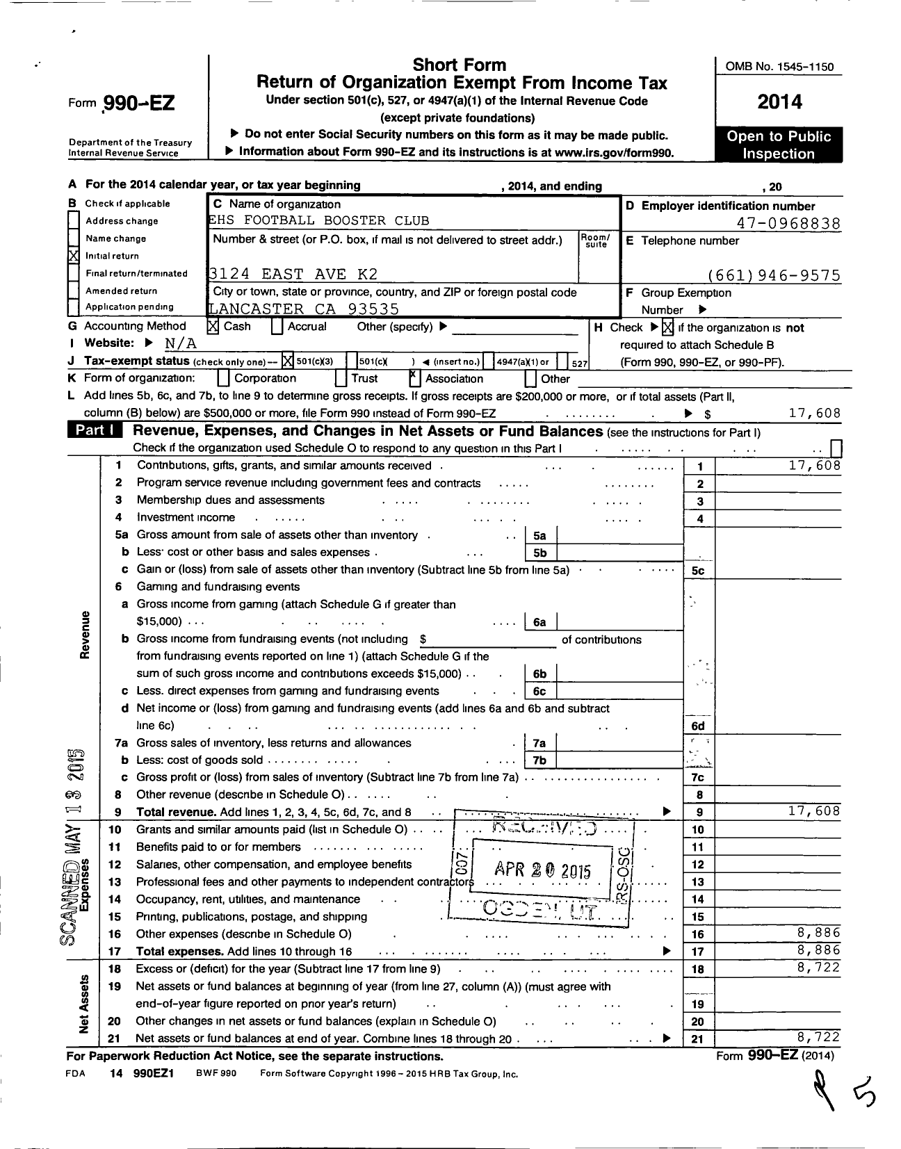 Image of first page of 2014 Form 990EZ for Ehs Football Booster Club