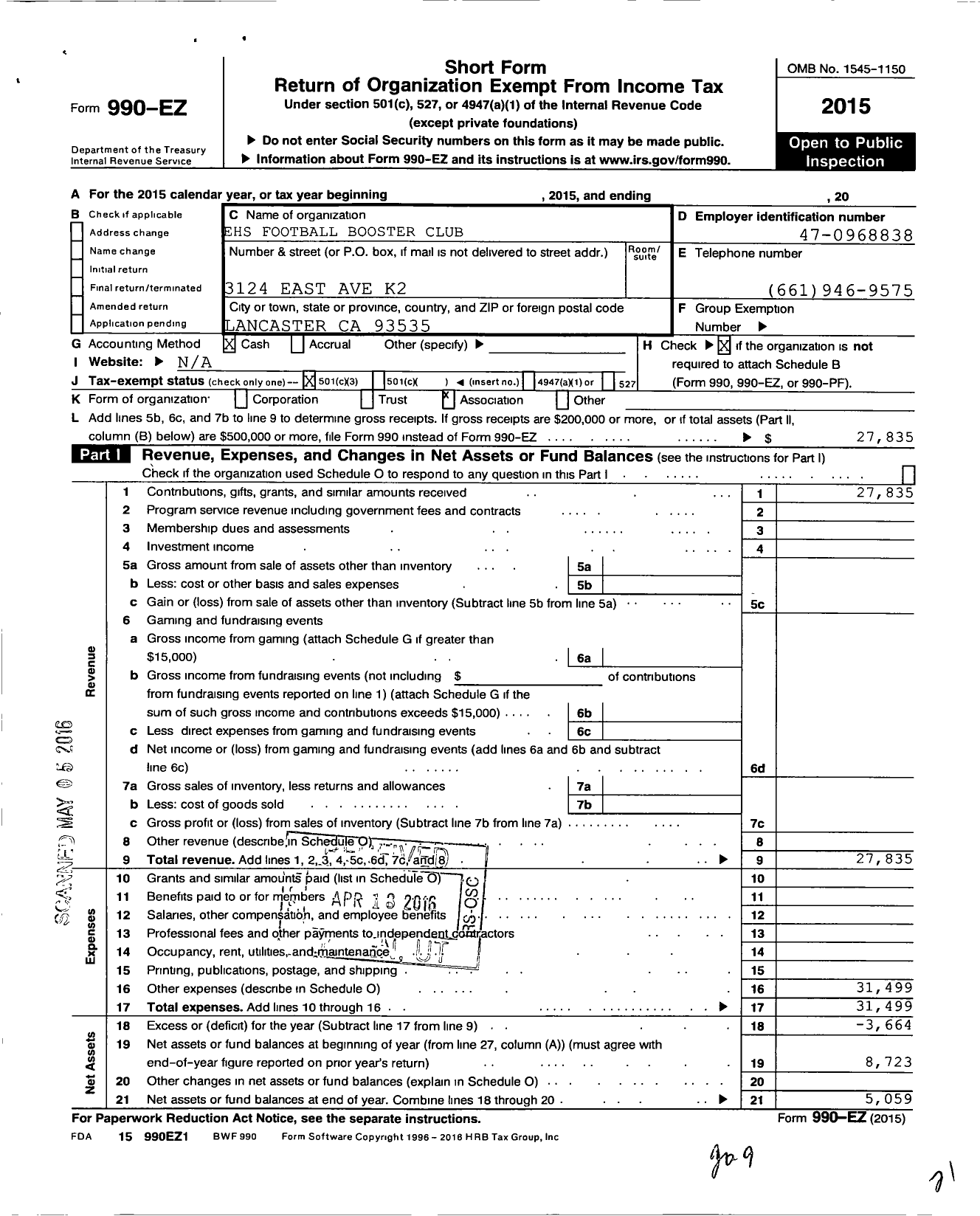 Image of first page of 2015 Form 990EZ for Ehs Football Booster Club