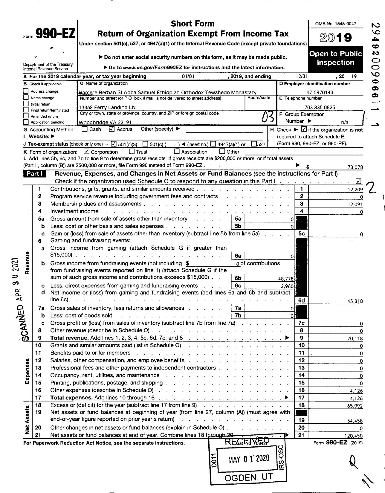 Image of first page of 2019 Form 990EZ for Hamere Berhan St Abba Samuel Ethiopian Orthodox