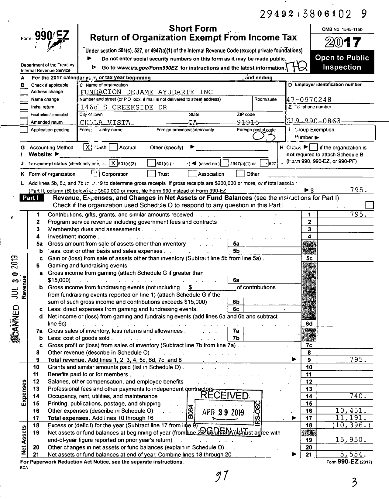 Image of first page of 2017 Form 990EZ for Fundacion Dejame Ayudarte