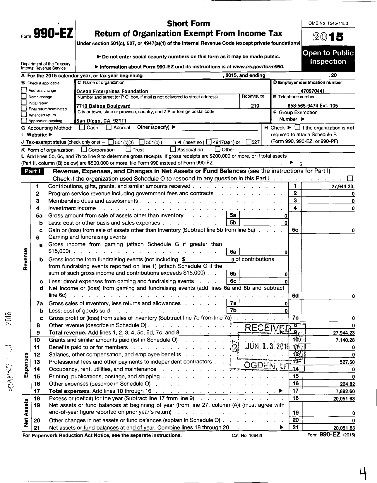 Image of first page of 2015 Form 990EO for Ocean Enterprises Foundation