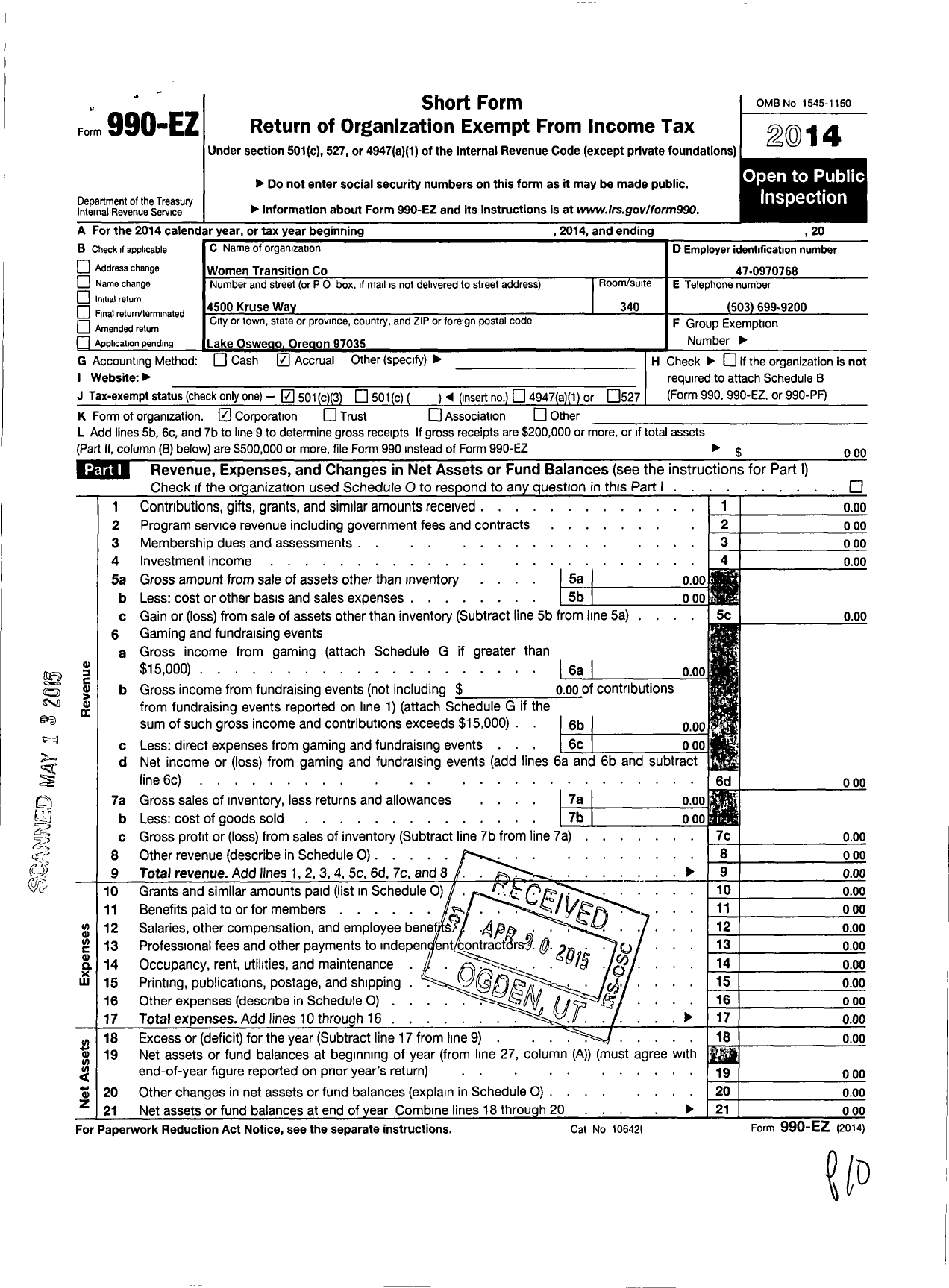 Image of first page of 2014 Form 990EZ for Women Transition