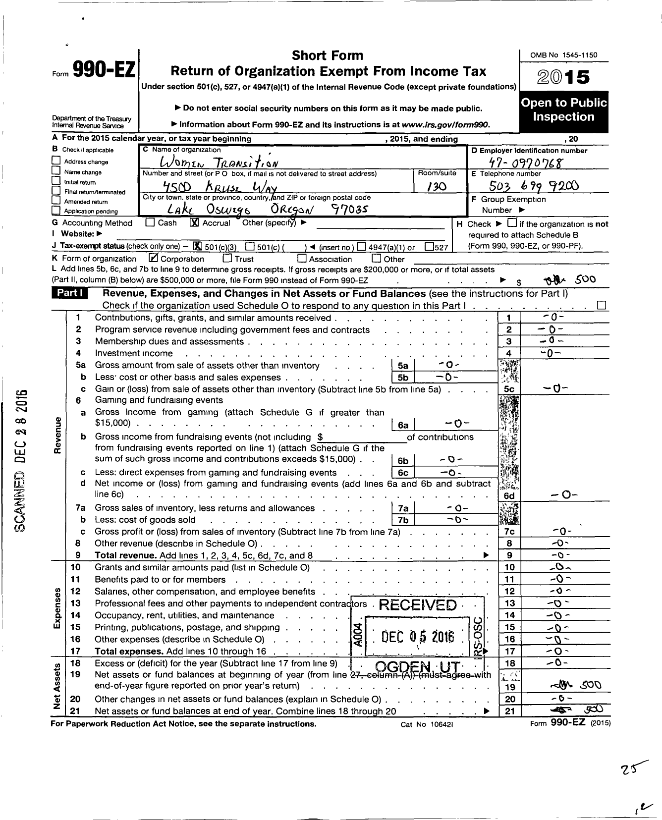 Image of first page of 2015 Form 990EZ for Women Transition