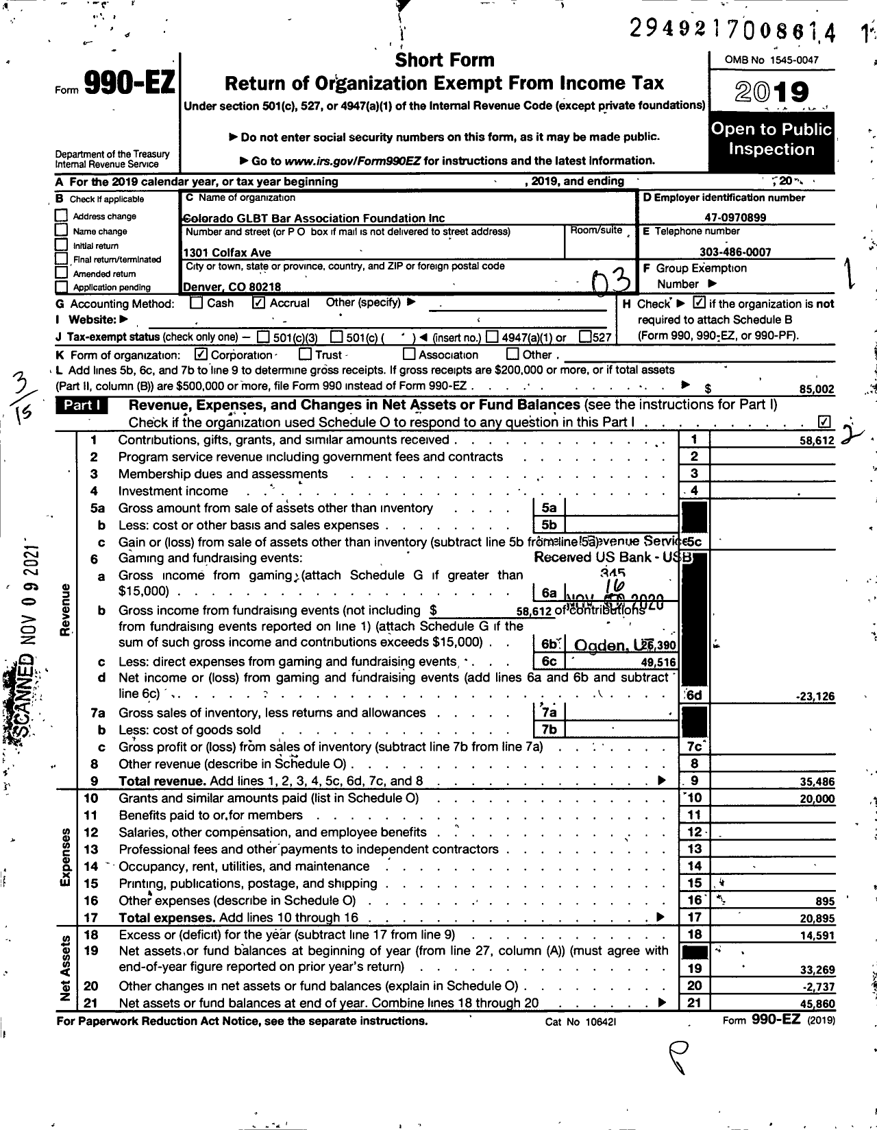 Image of first page of 2019 Form 990EZ for Colorado GLBT Bar Association Foundation