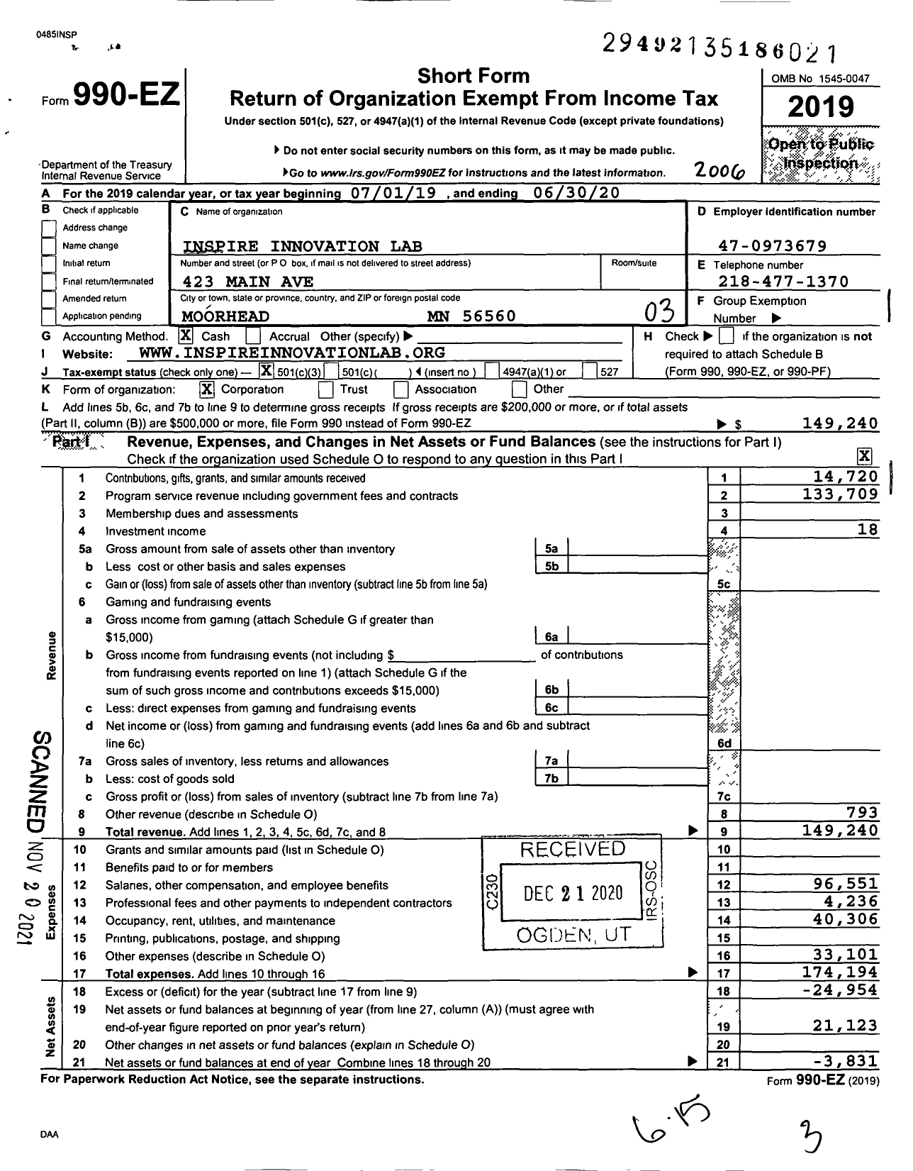 Image of first page of 2019 Form 990EZ for Inspire Innovation Lab