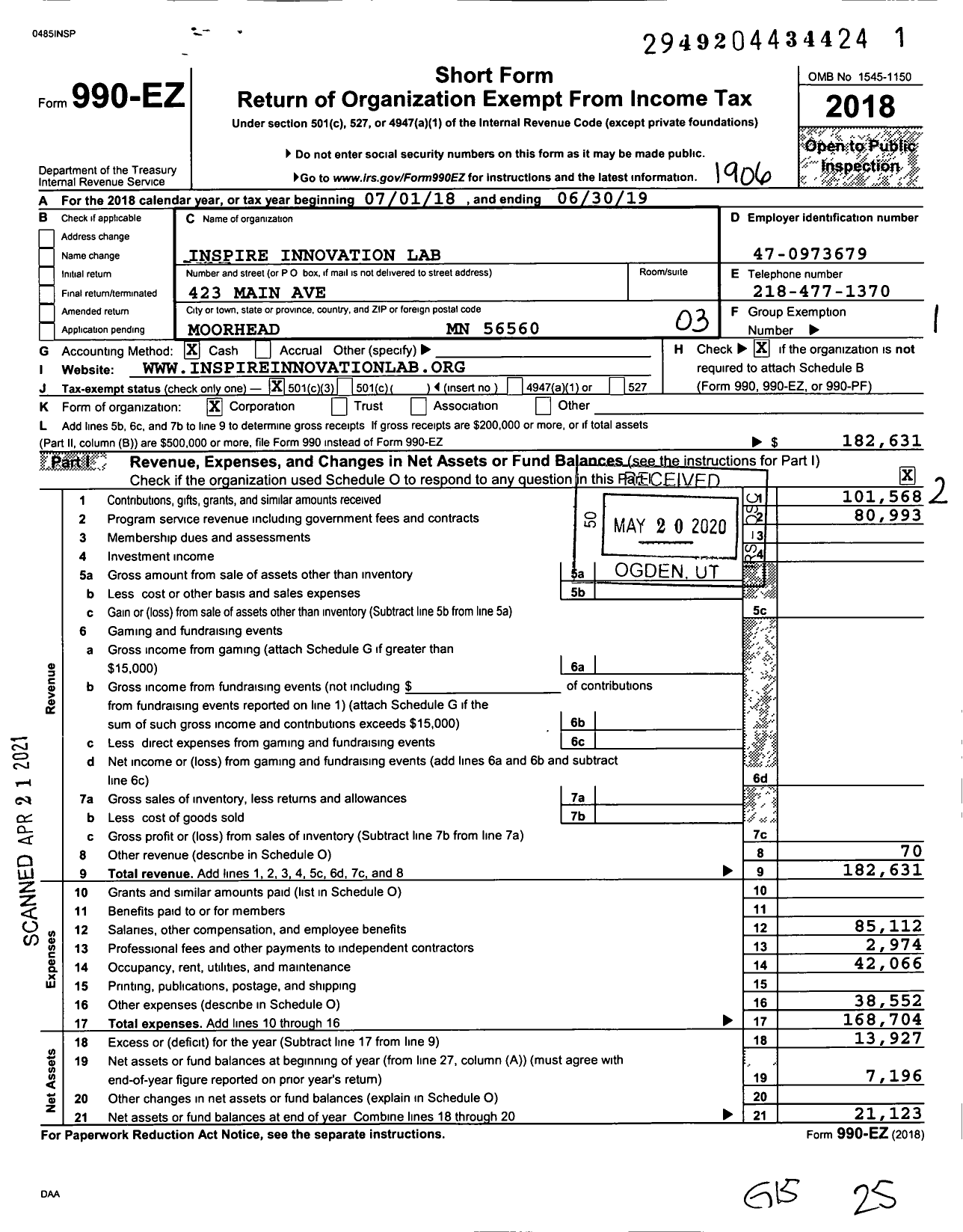 Image of first page of 2018 Form 990EZ for Inspire Innovation Lab