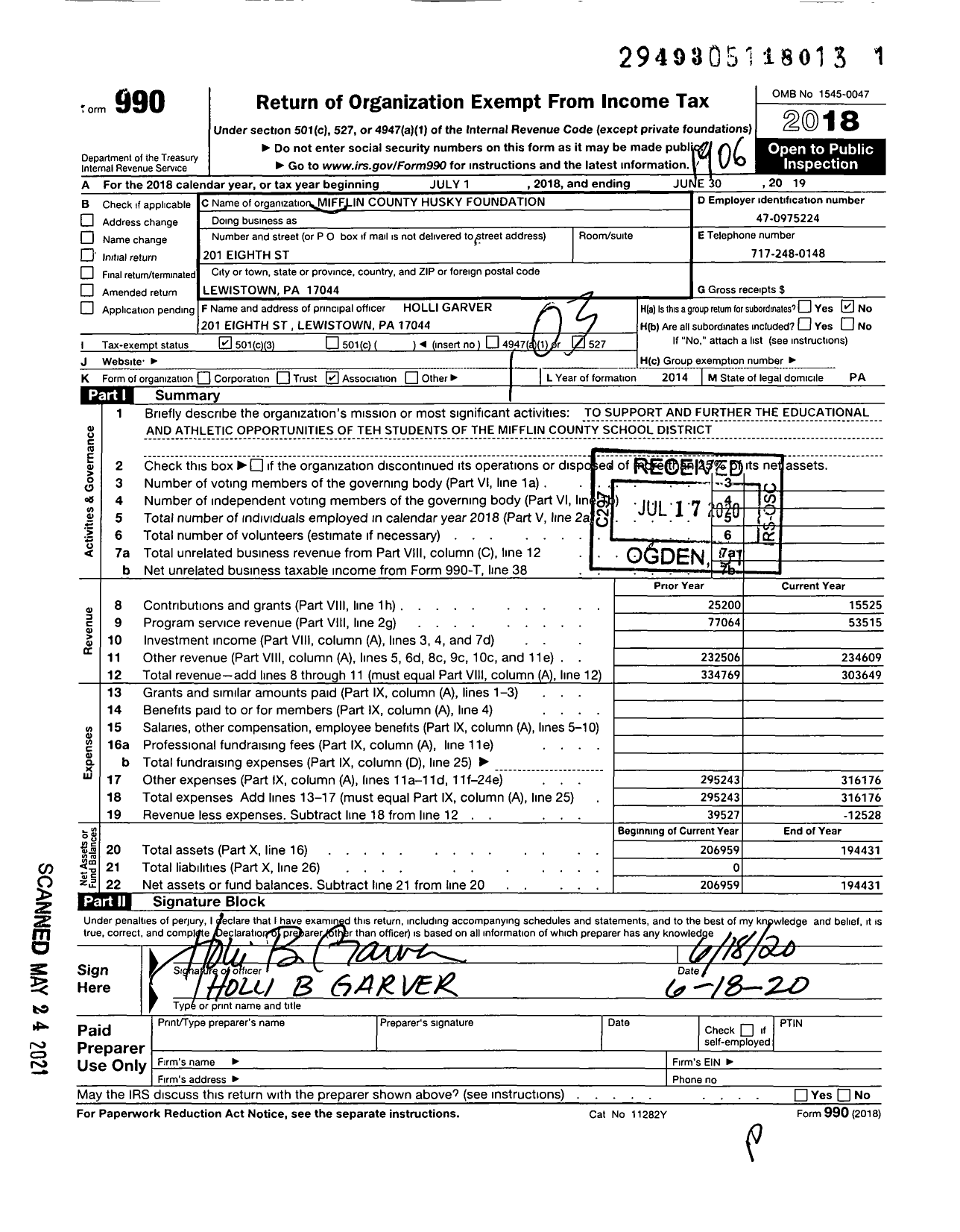 Image of first page of 2018 Form 990 for Mifflin County Husky Foundation