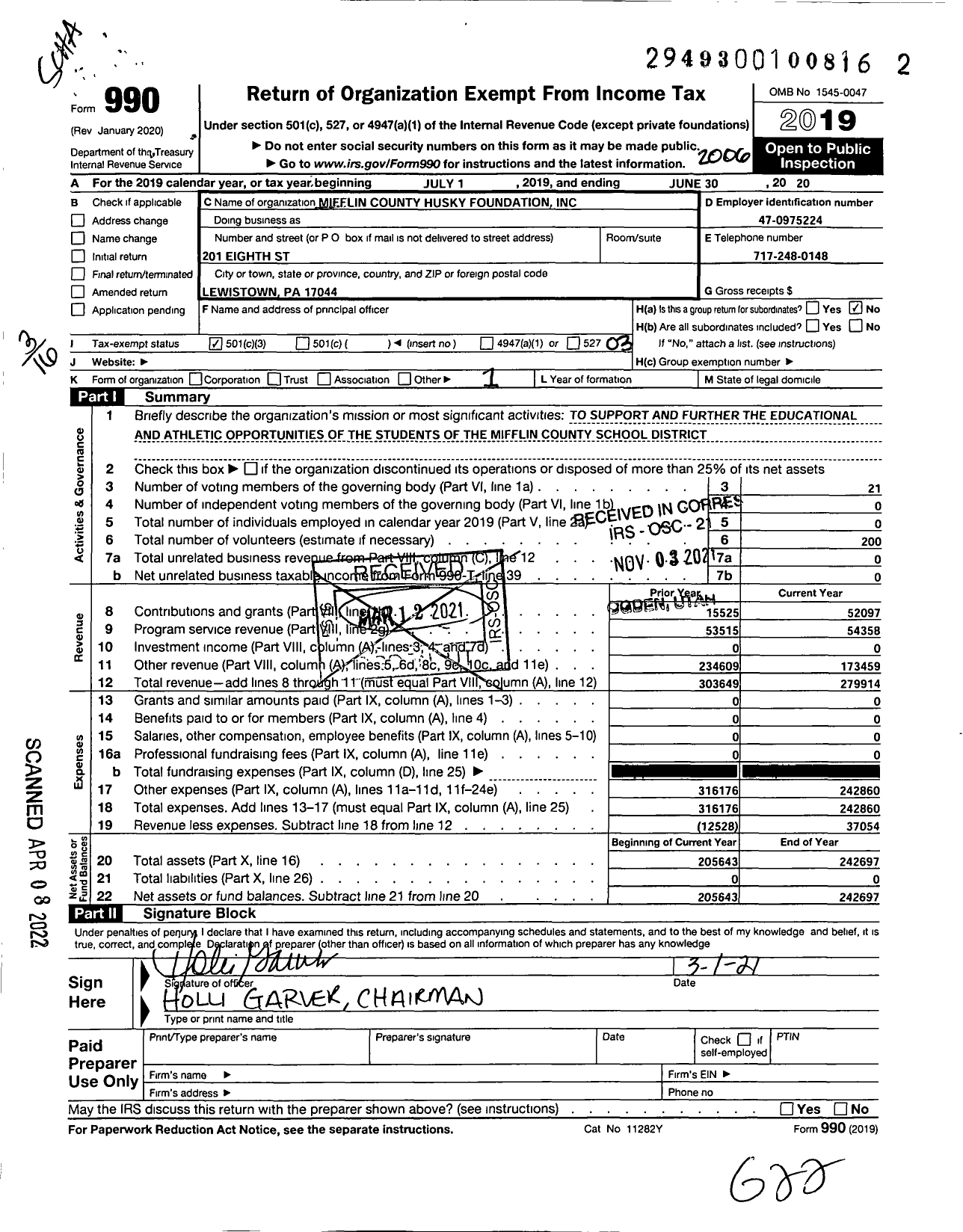 Image of first page of 2019 Form 990 for Mifflin County Husky Foundation