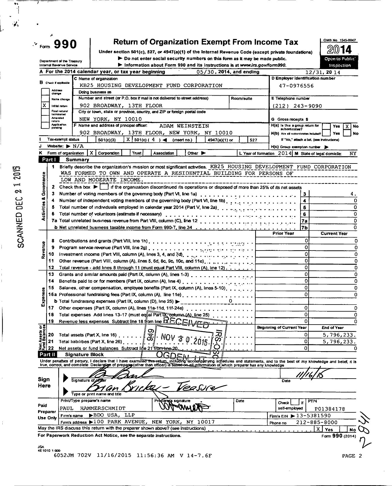 Image of first page of 2014 Form 990O for KB25 Housing Development Fund Corporation