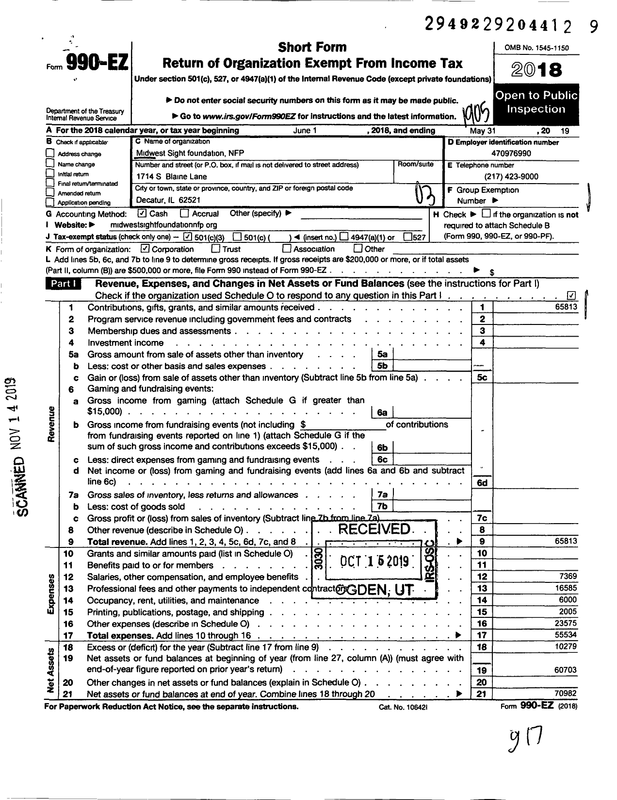 Image of first page of 2018 Form 990EZ for Midwest Sight Foundation NFP
