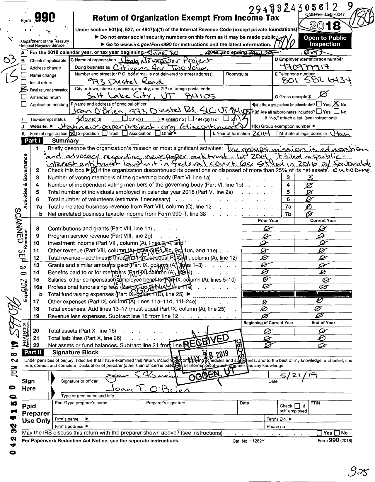 Image of first page of 2017 Form 990 for Utah Newspaper Project