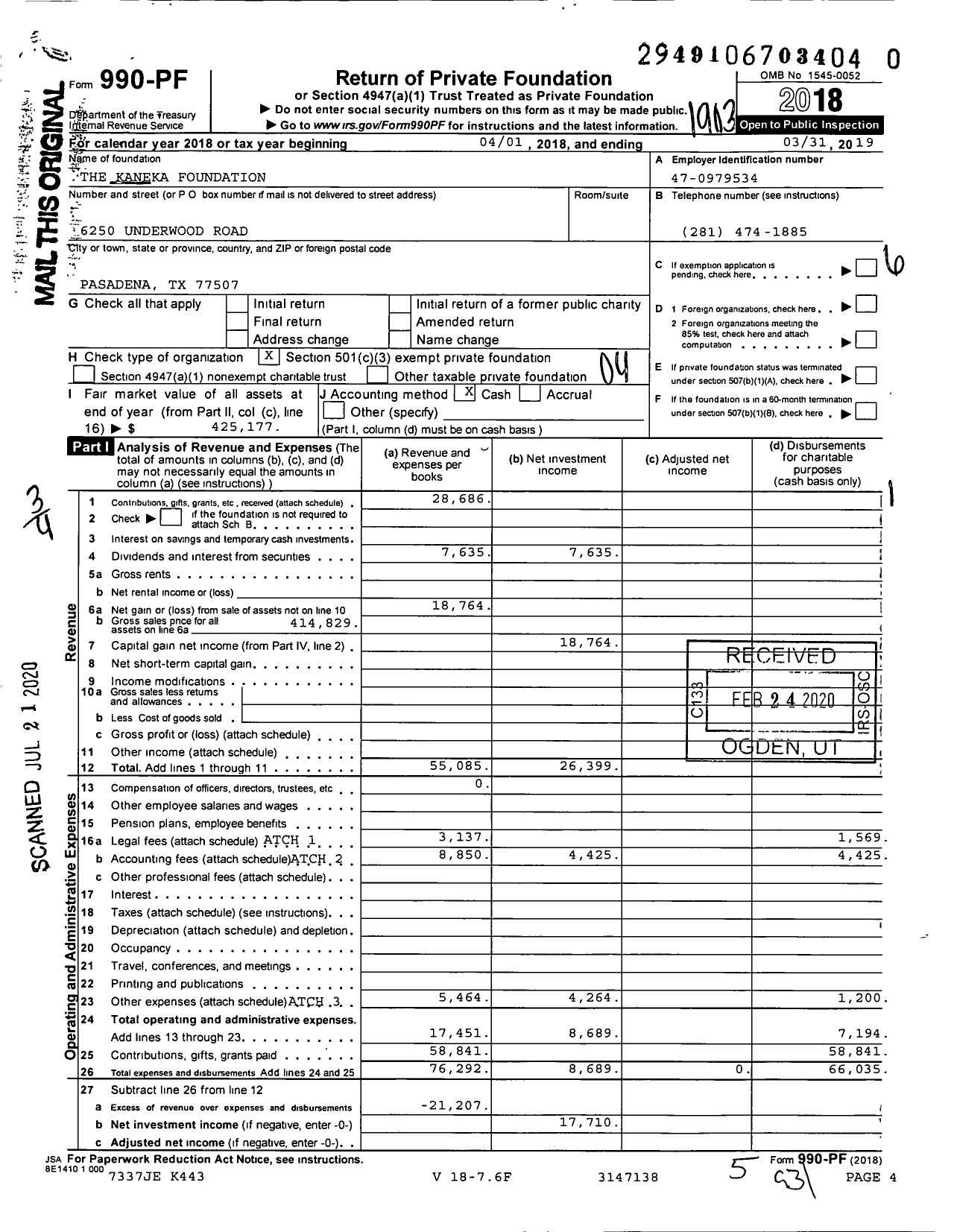 Image of first page of 2018 Form 990PR for The Kaneka Foundation